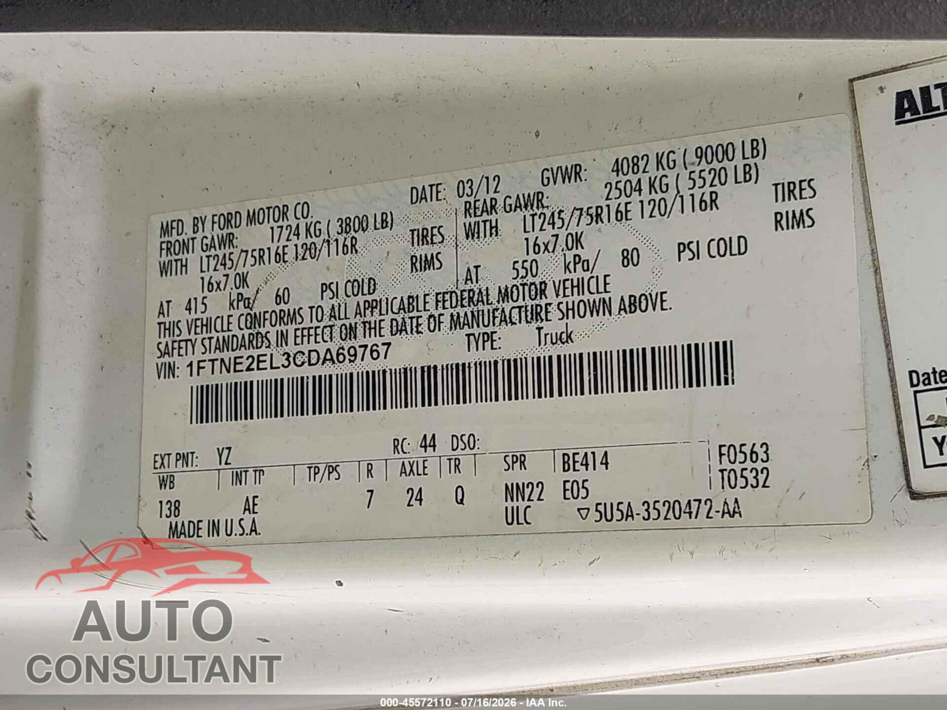 FORD E-250 2012 - 1FTNE2EL3CDA69767