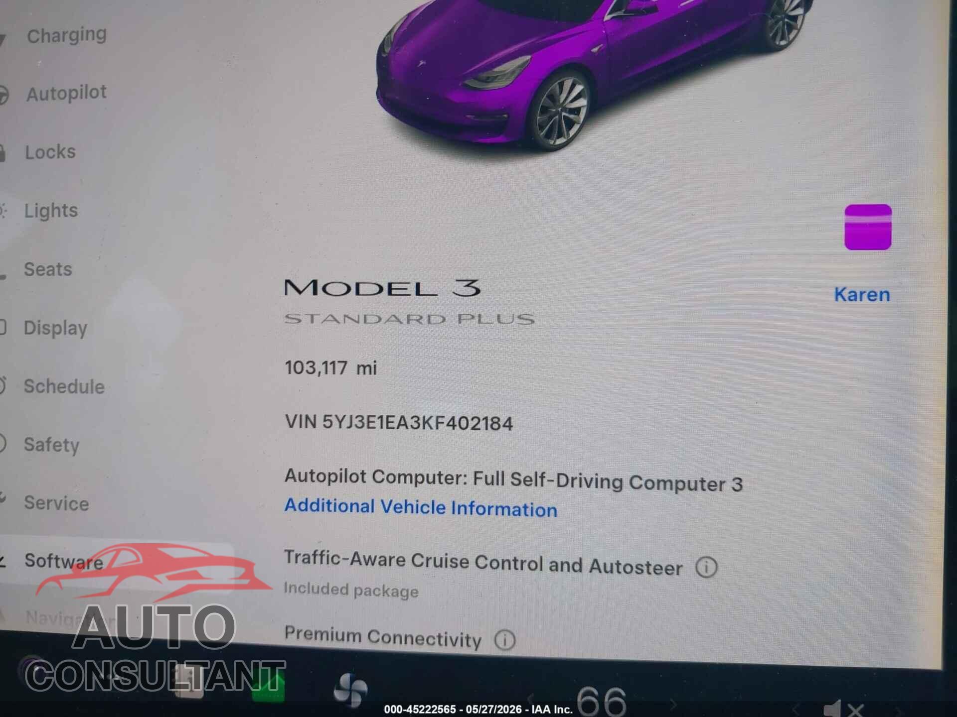 TESLA MODEL 3 2019 - 5YJ3E1EA3KF402184