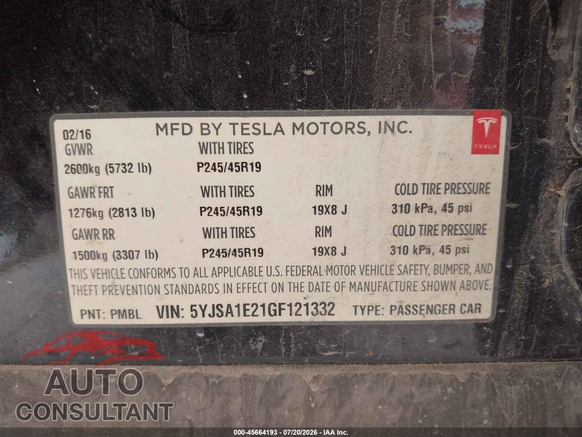 TESLA MODEL S 2016 - 5YJSA1E21GF121332