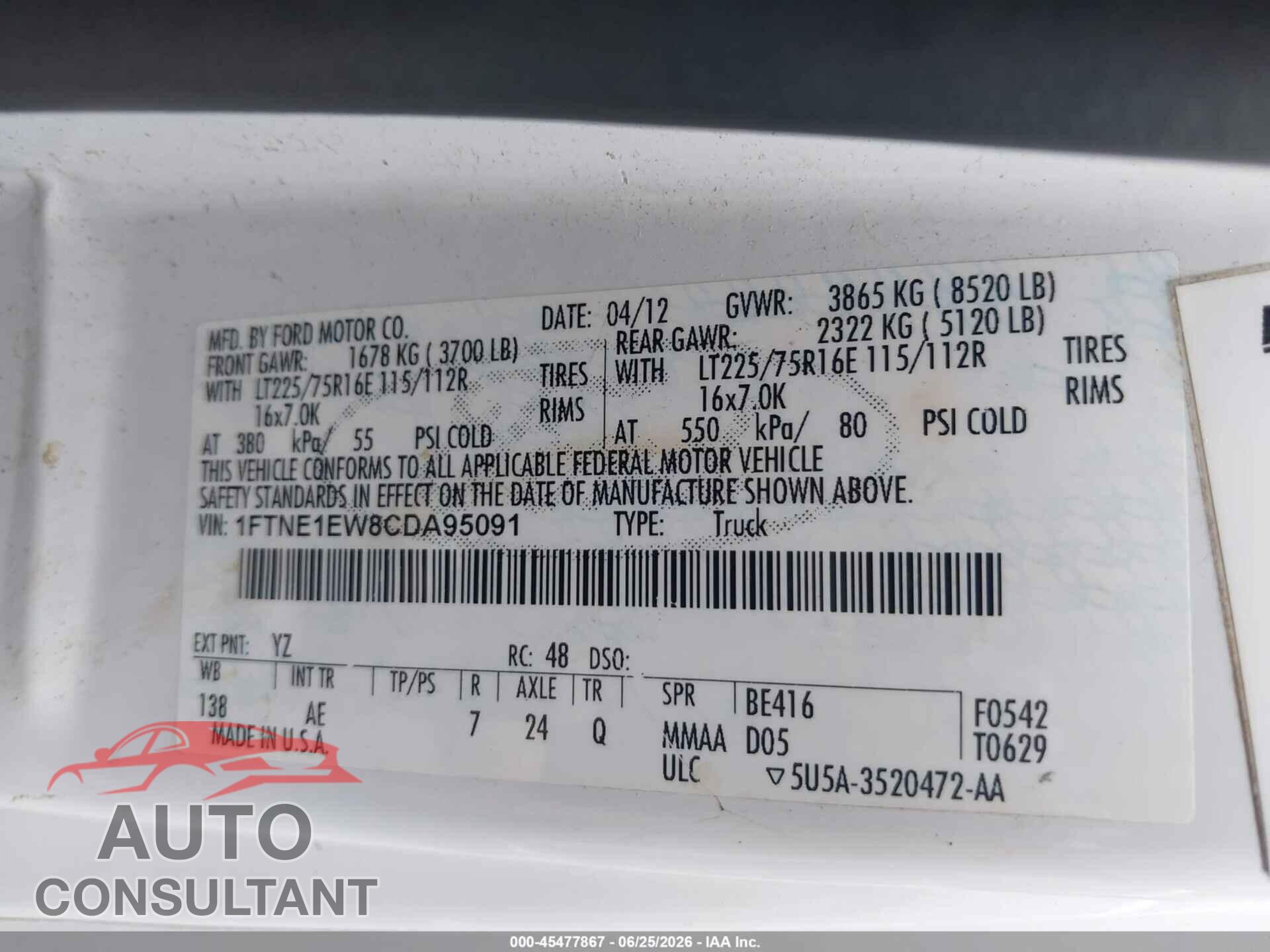FORD E-150 2012 - 1FTNE1EW8CDA95091