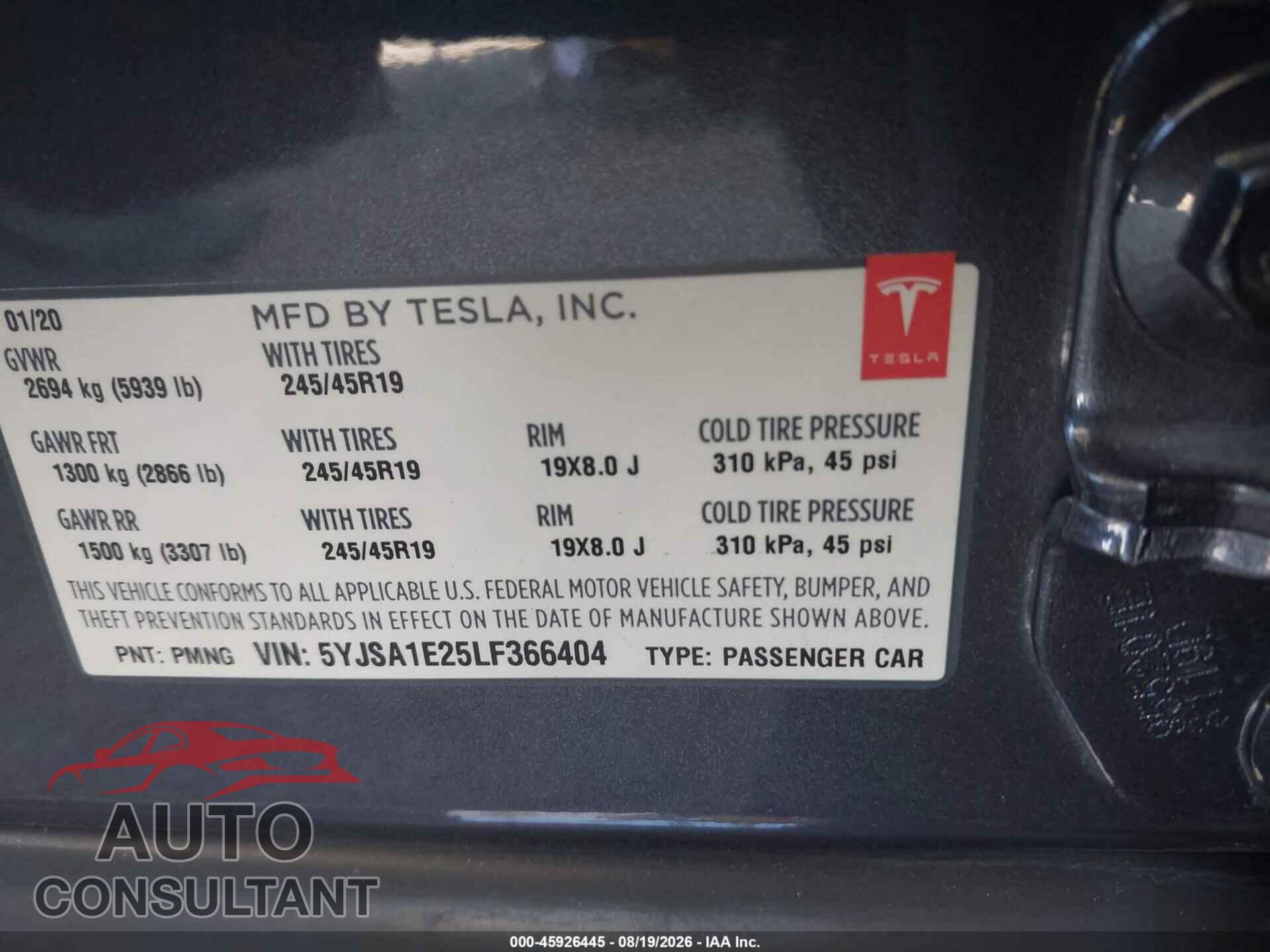 TESLA MODEL S 2020 - 5YJSA1E25LF366404