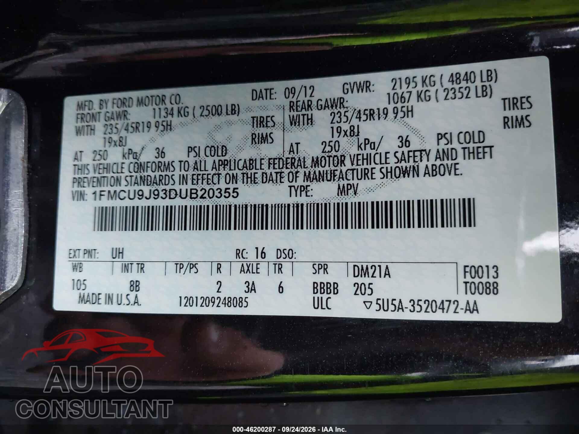 FORD ESCAPE 2013 - 1FMCU9J93DUB20355