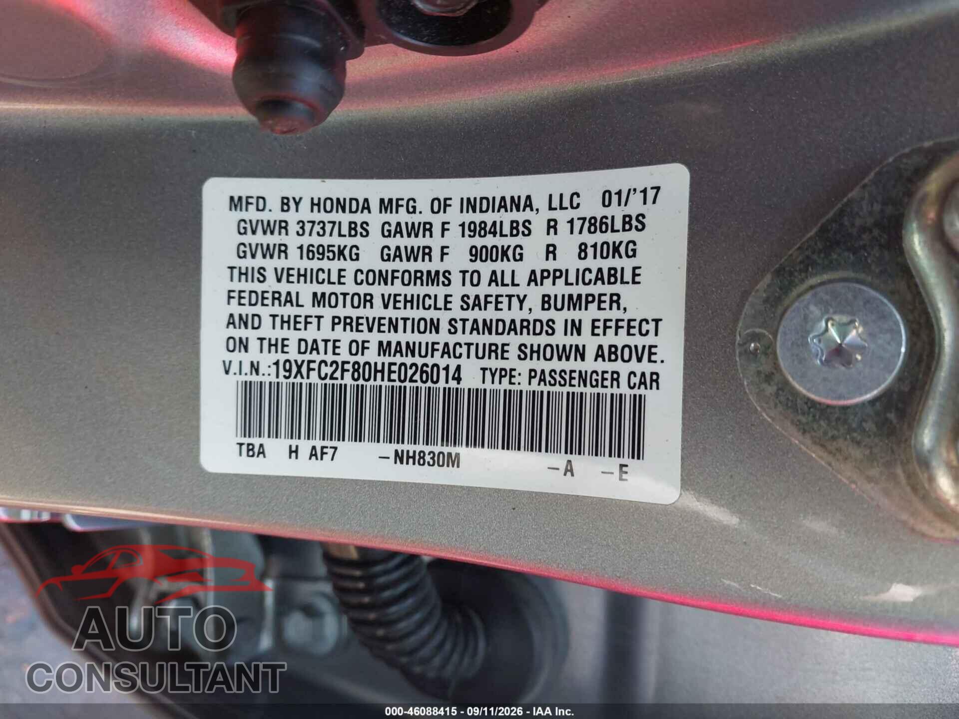 HONDA CIVIC 2017 - 19XFC2F80HE026014