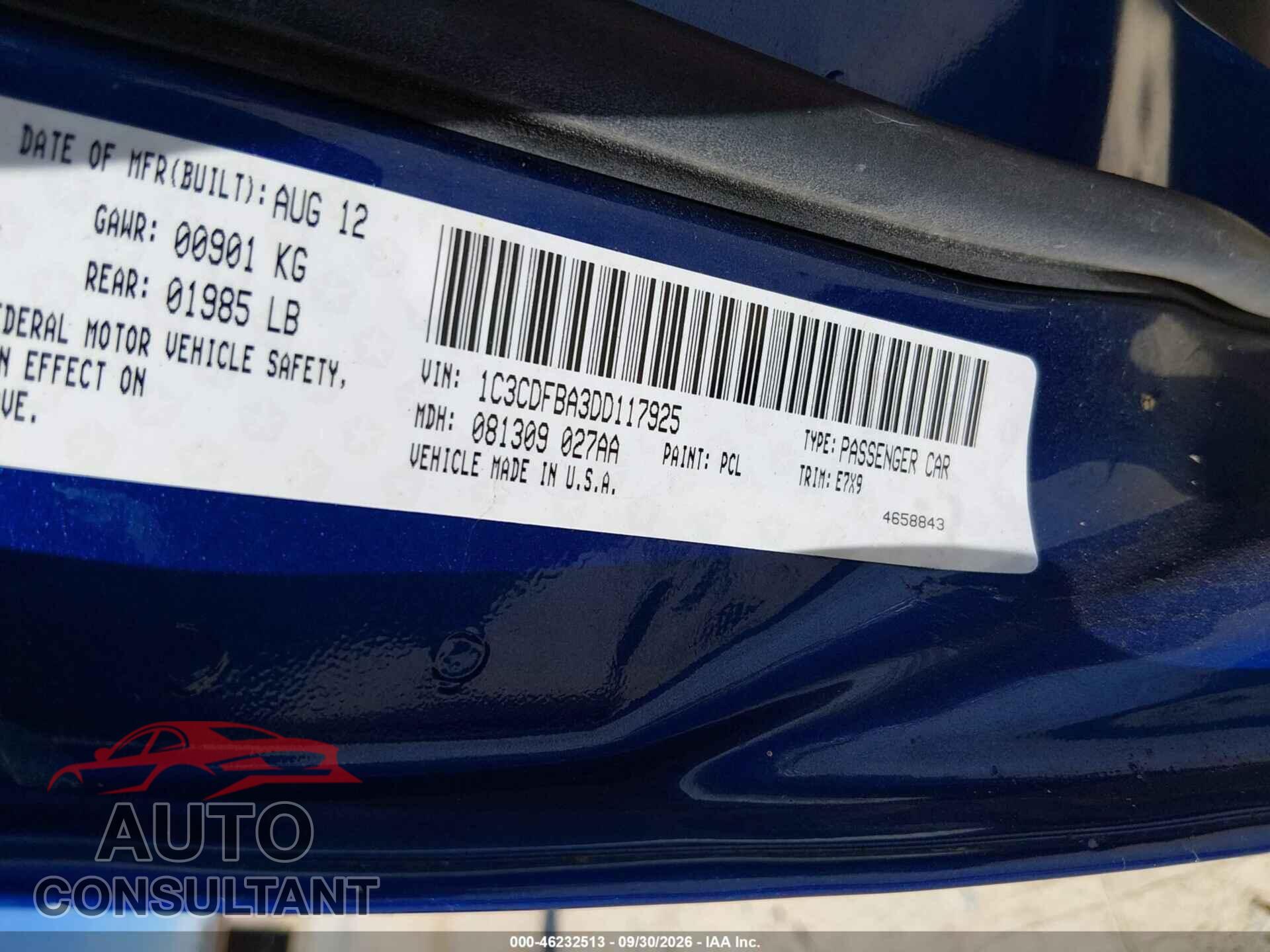 DODGE DART 2013 - 1C3CDFBA3DD117925