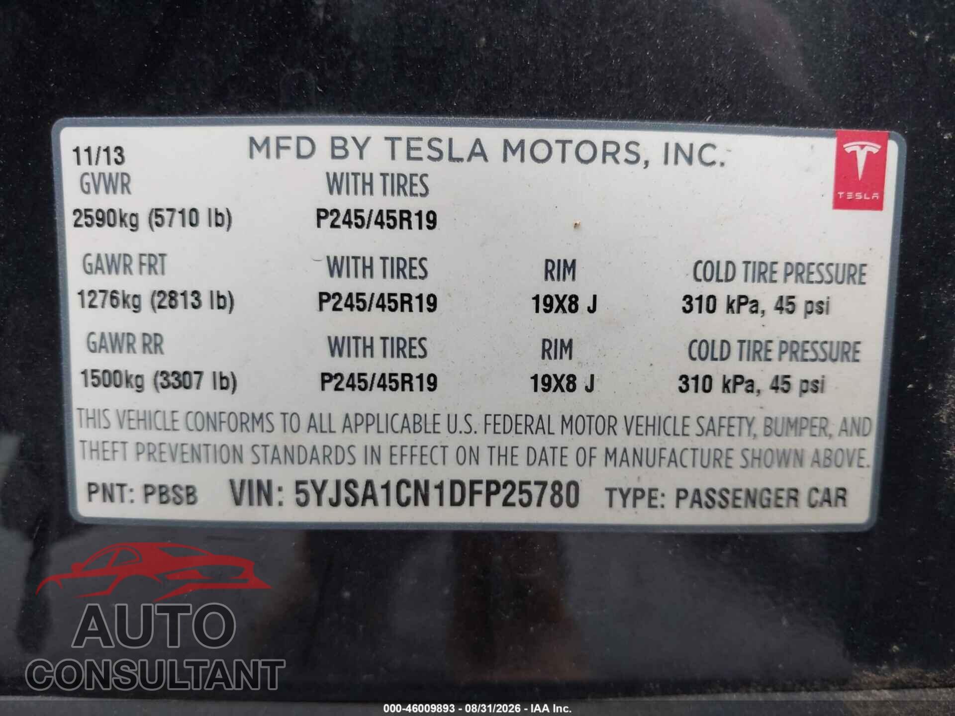 TESLA MODEL S 2013 - 5YJSA1CN1DFP25780