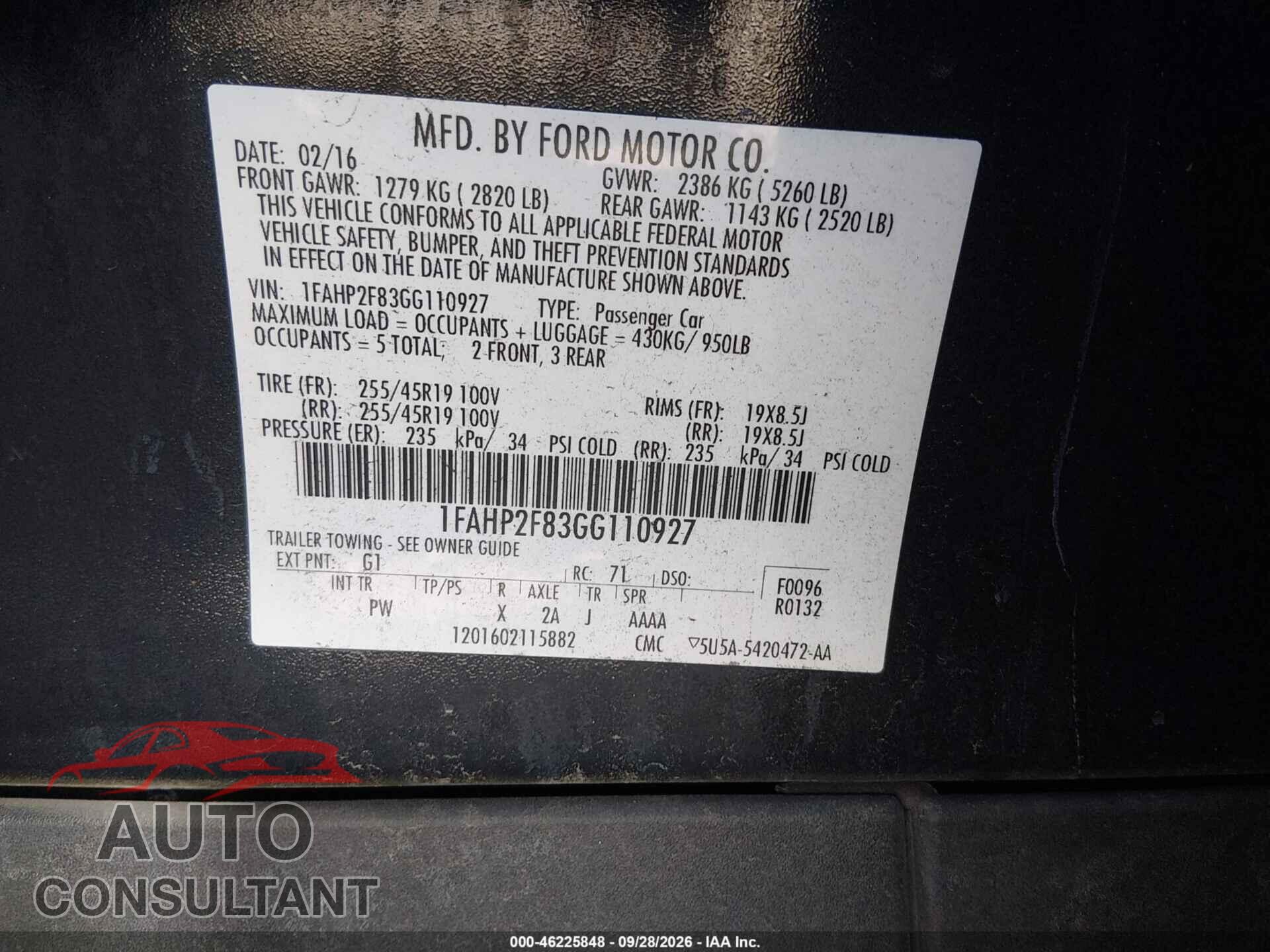 FORD TAURUS 2016 - 1FAHP2F83GG110927