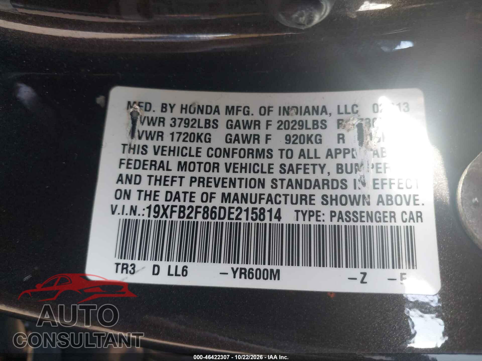 HONDA CIVIC 2013 - 19XFB2F86DE215814