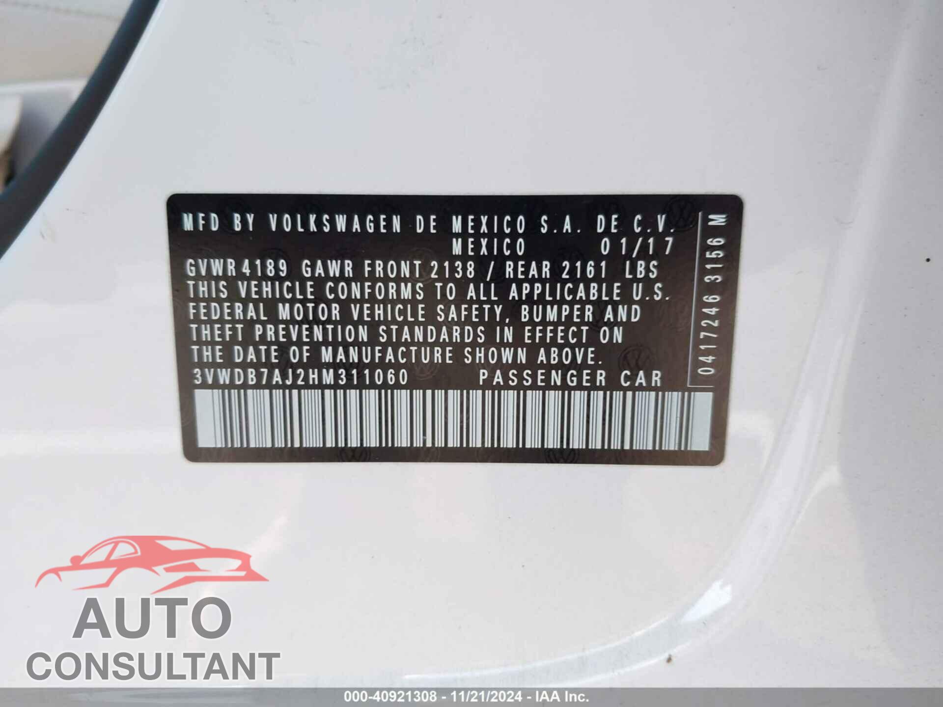 VOLKSWAGEN JETTA 2017 - 3VWDB7AJ2HM311060