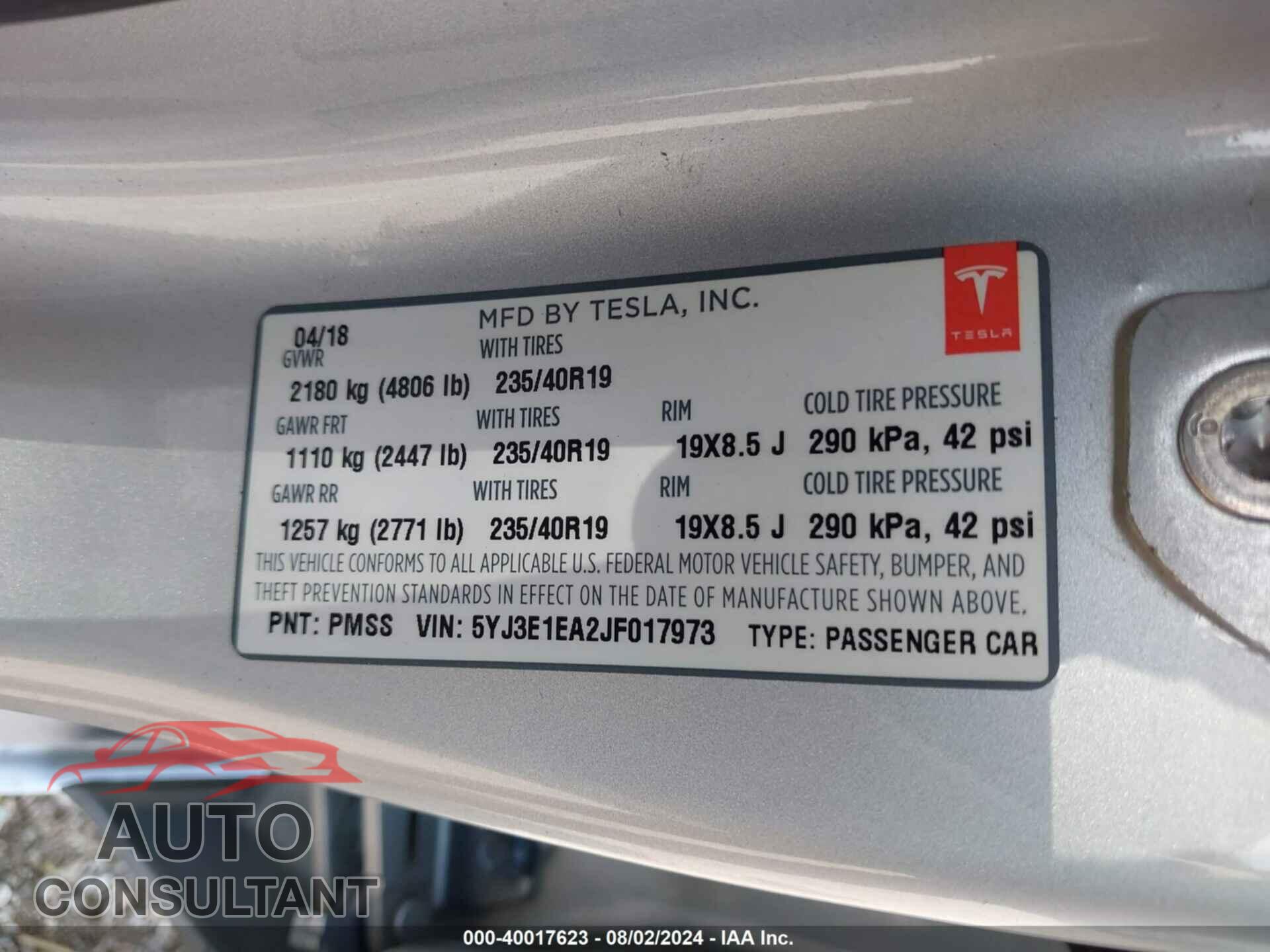 TESLA MODEL 3 2018 - 5YJ3E1EA2JF017973