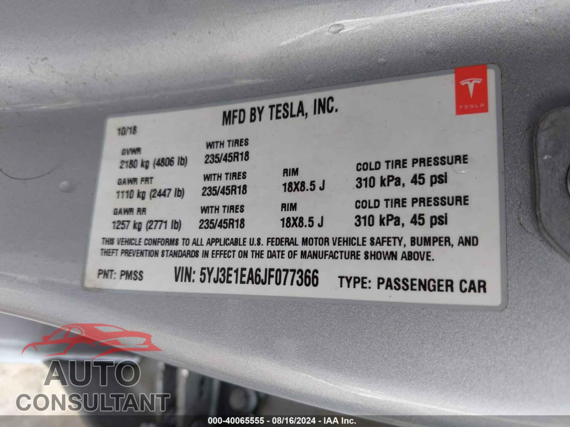 TESLA MODEL 3 2018 - 5YJ3E1EA6JF077366