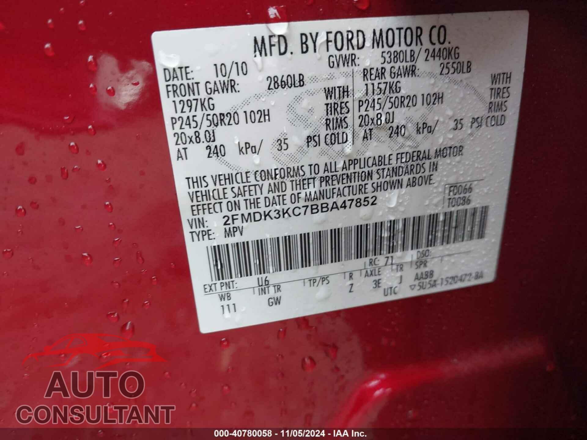 FORD EDGE 2011 - 2FMDK3KC7BBA47852