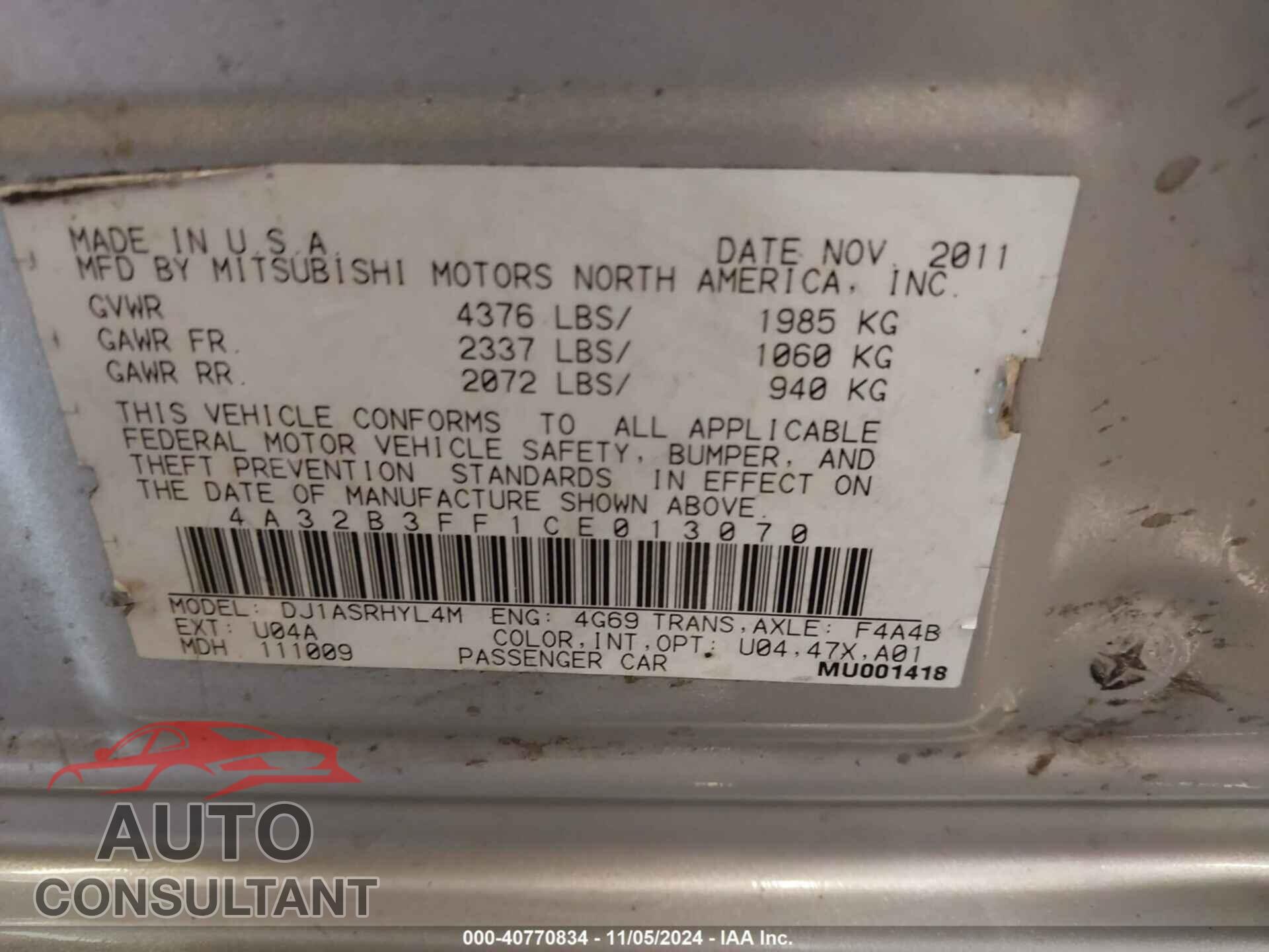 MITSUBISHI GALANT 2012 - 4A32B3FF1CE013070