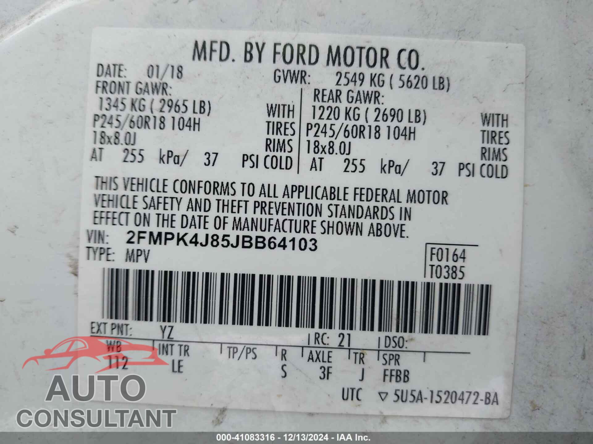 FORD EDGE 2018 - 2FMPK4J85JBB64103