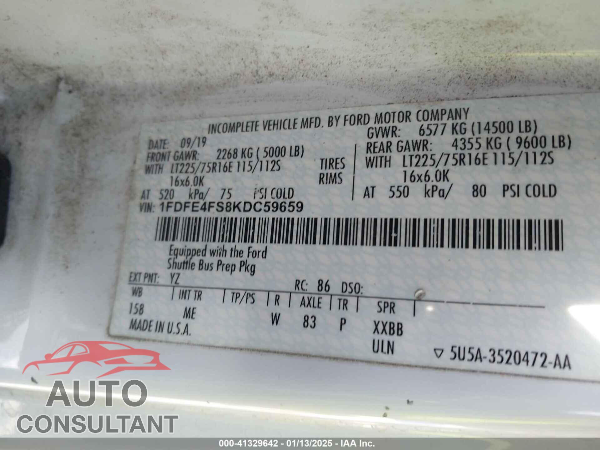 FORD E-450 CUTAWAY 2019 - 1FDFE4FS8KDC59659