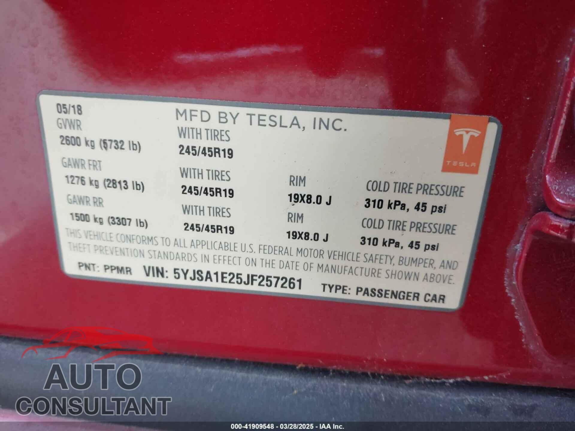 TESLA MODEL S 2018 - 5YJSA1E25JF257261
