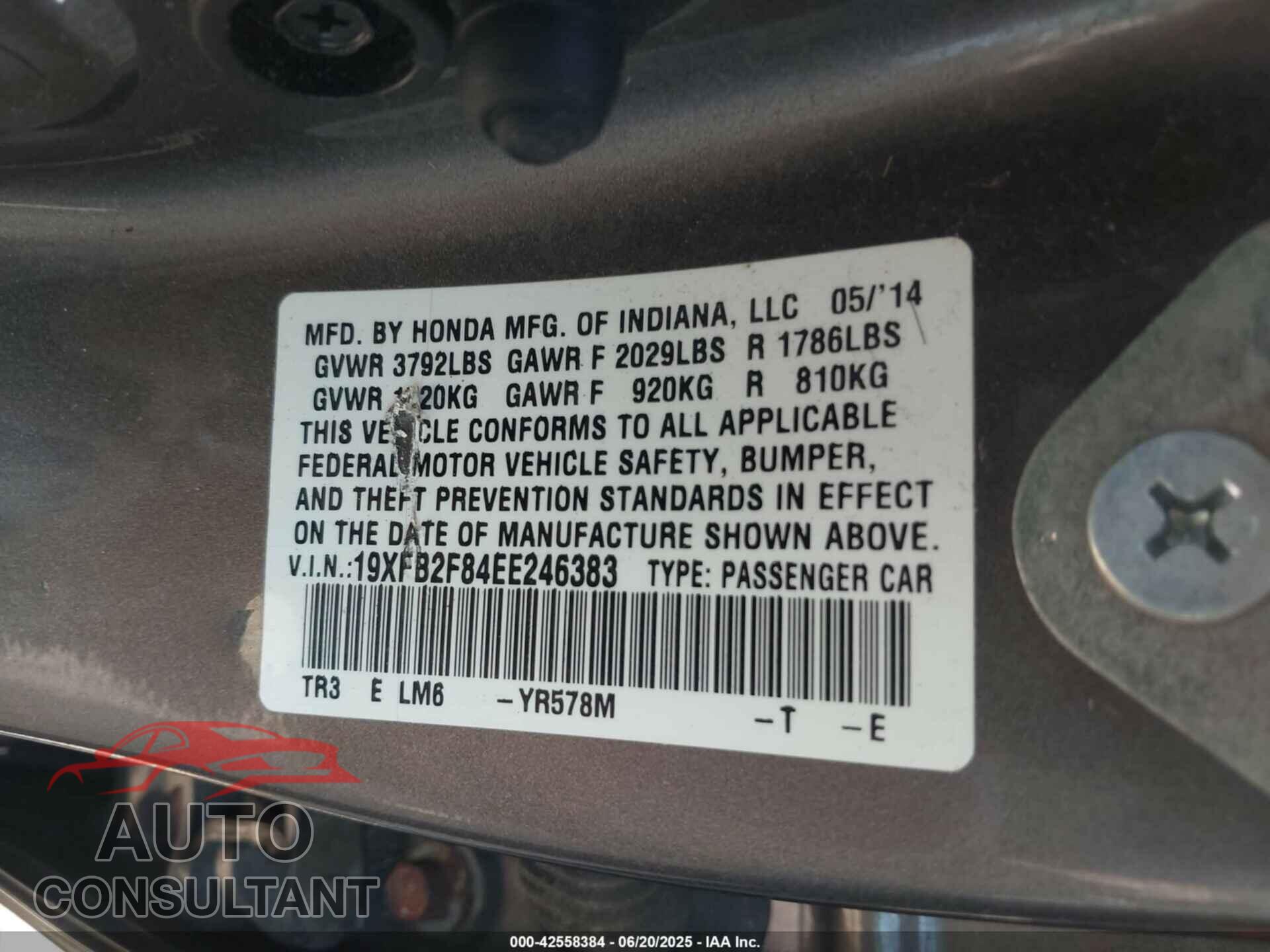HONDA CIVIC 2014 - 19XFB2F84EE246383