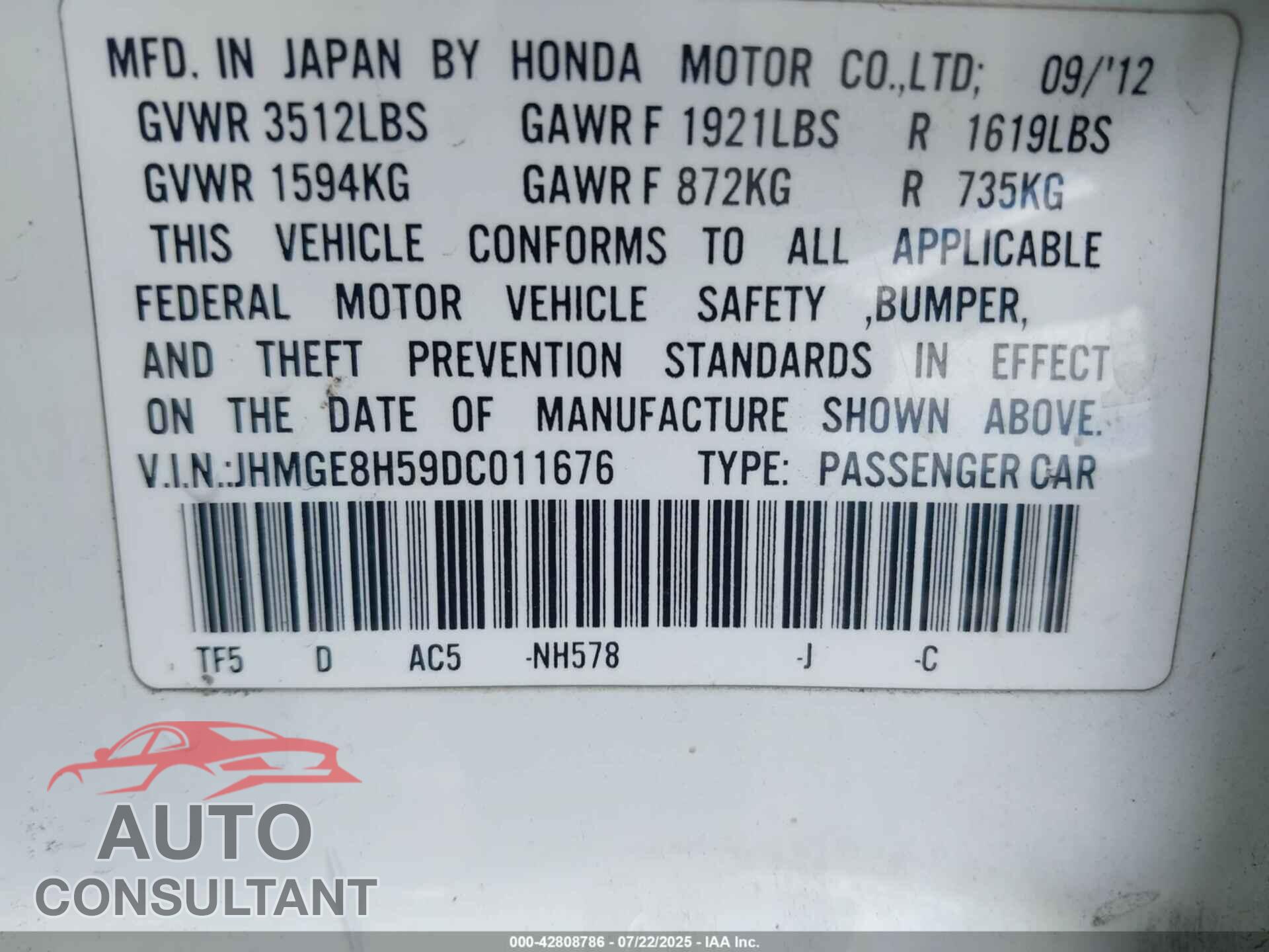 HONDA FIT 2013 - JHMGE8H59DC011676