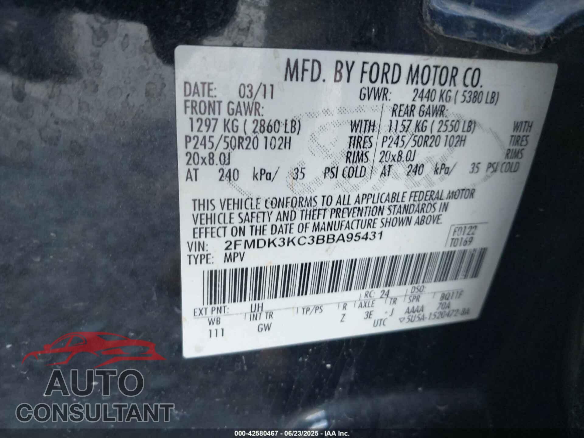 FORD EDGE 2011 - 2FMDK3KC3BBA95431