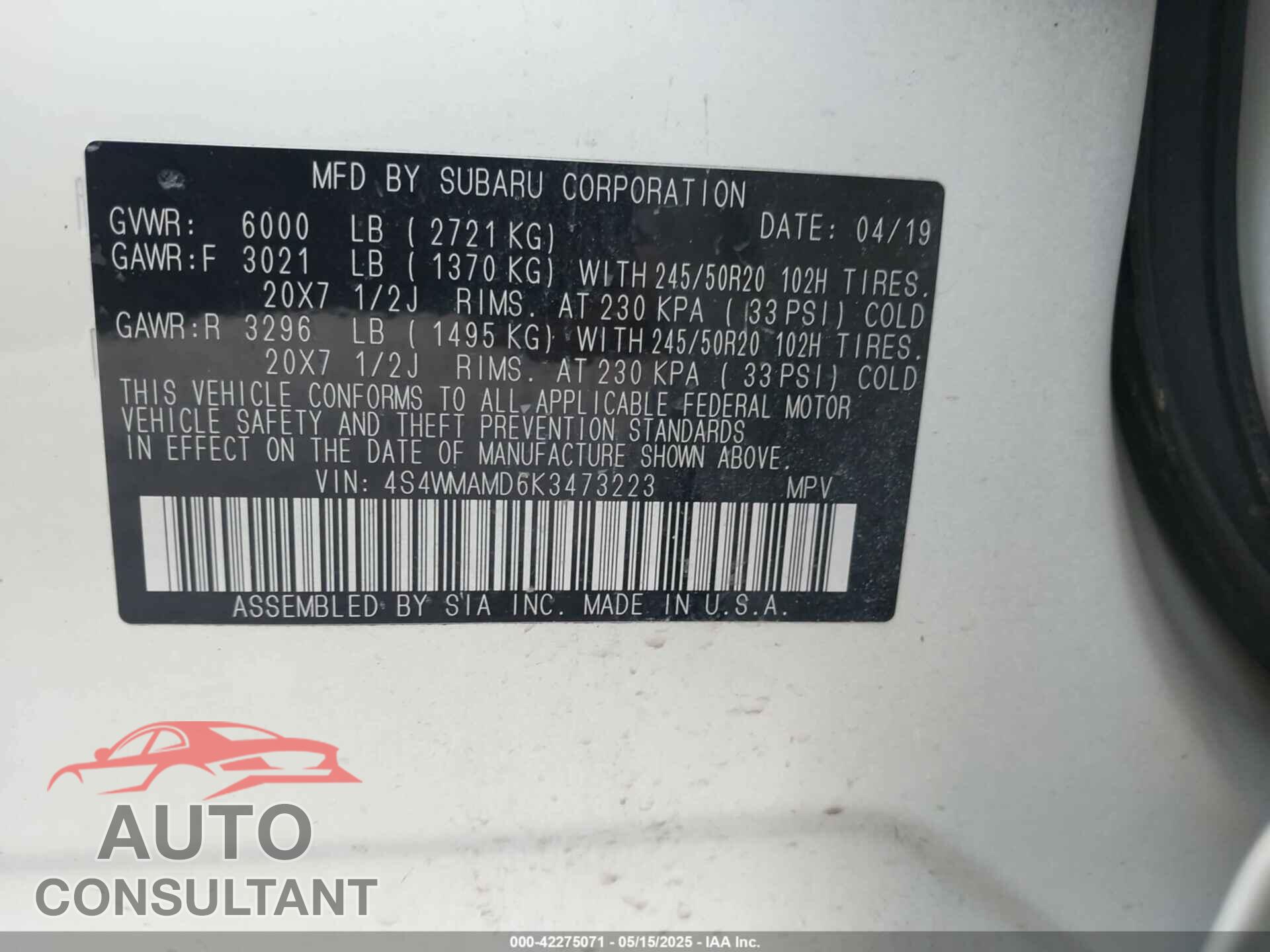 SUBARU ASCENT 2019 - 4S4WMAMD6K3473223