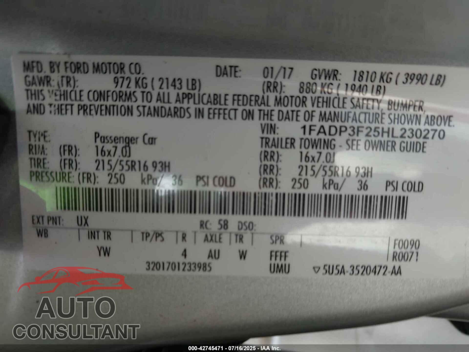 FORD FOCUS 2017 - 1FADP3F25HL230270