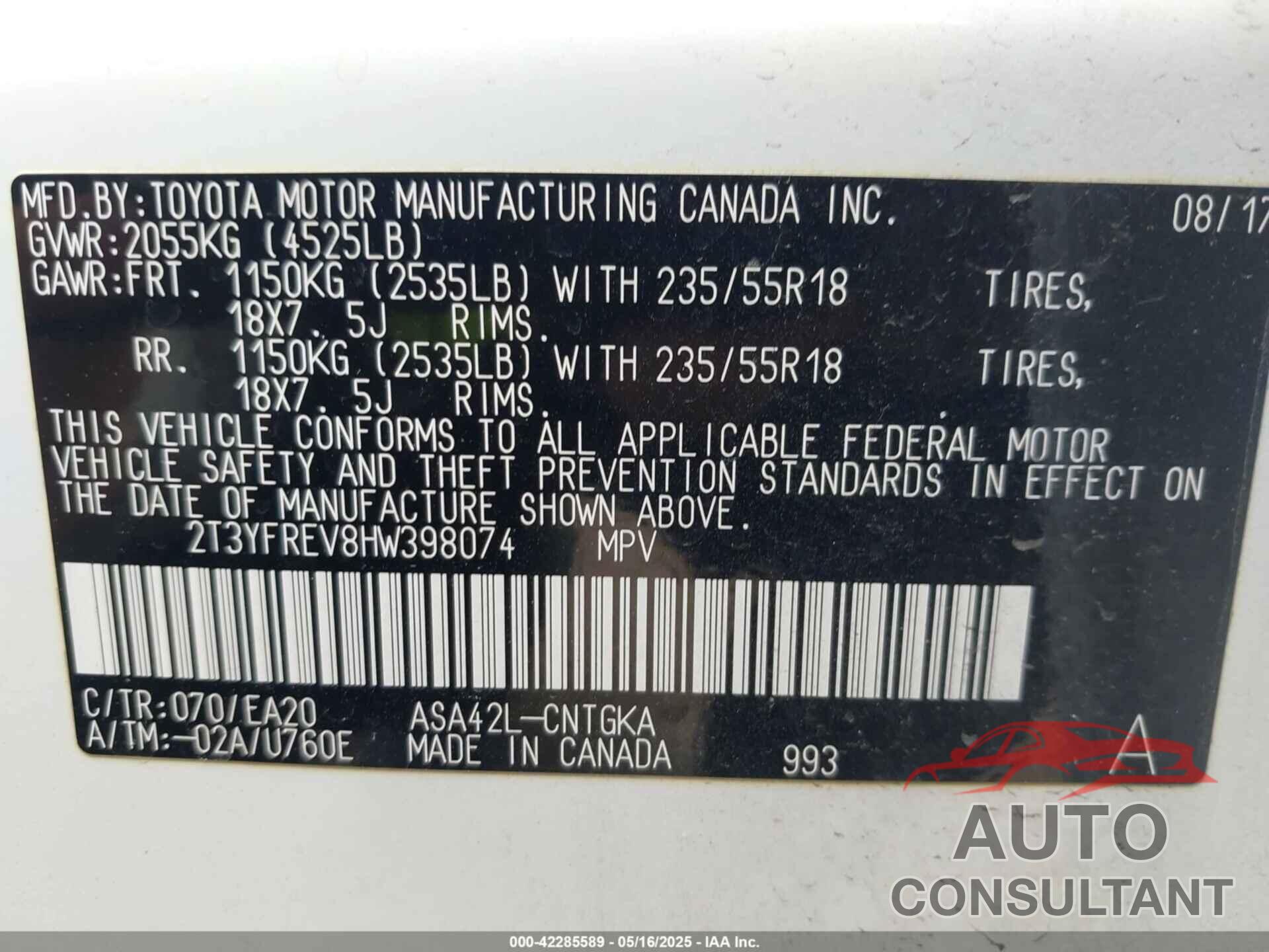 TOYOTA RAV4 2017 - 2T3YFREV8HW398074