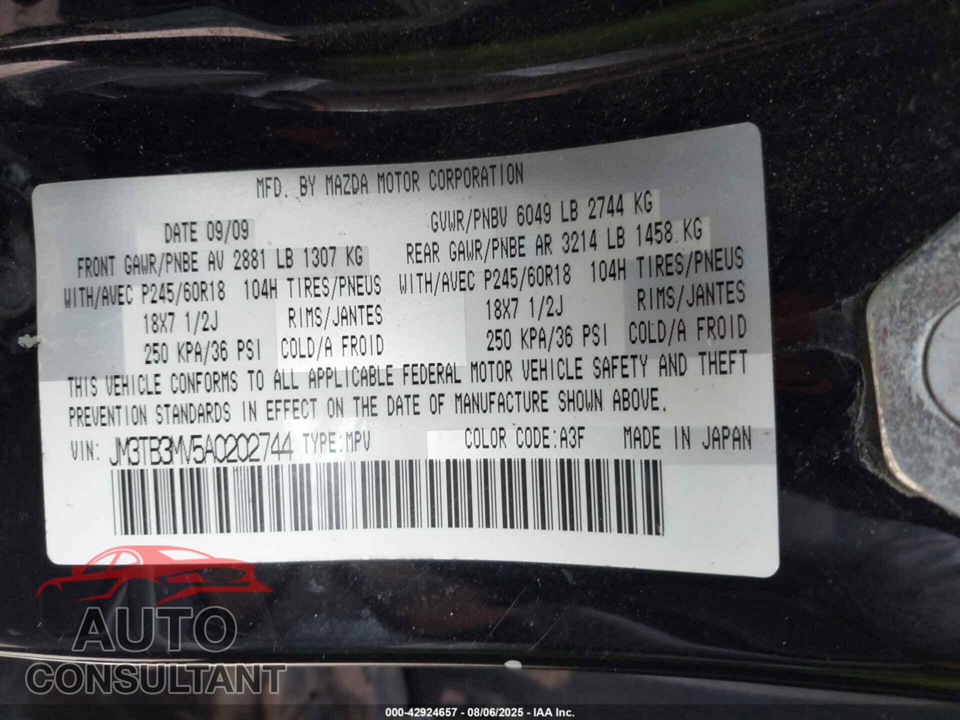 MAZDA CX-9 2010 - JM3TB3MV5A0202744