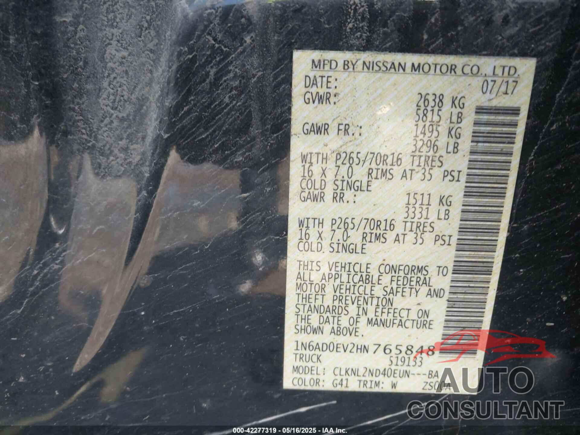 NISSAN FRONTIER 2017 - 1N6AD0EV2HN765848
