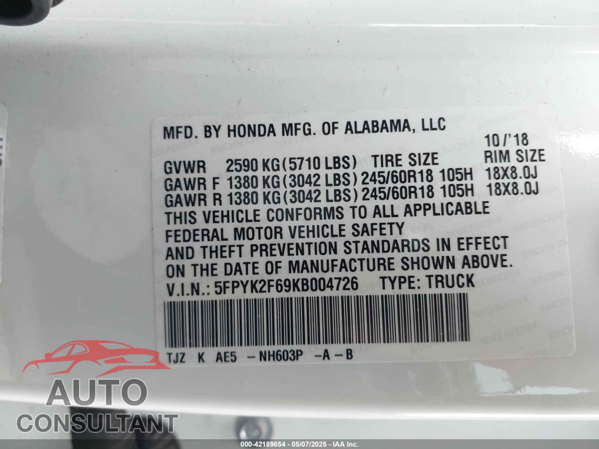 HONDA RIDGELINE 2019 - 5FPYK2F69KB004726
