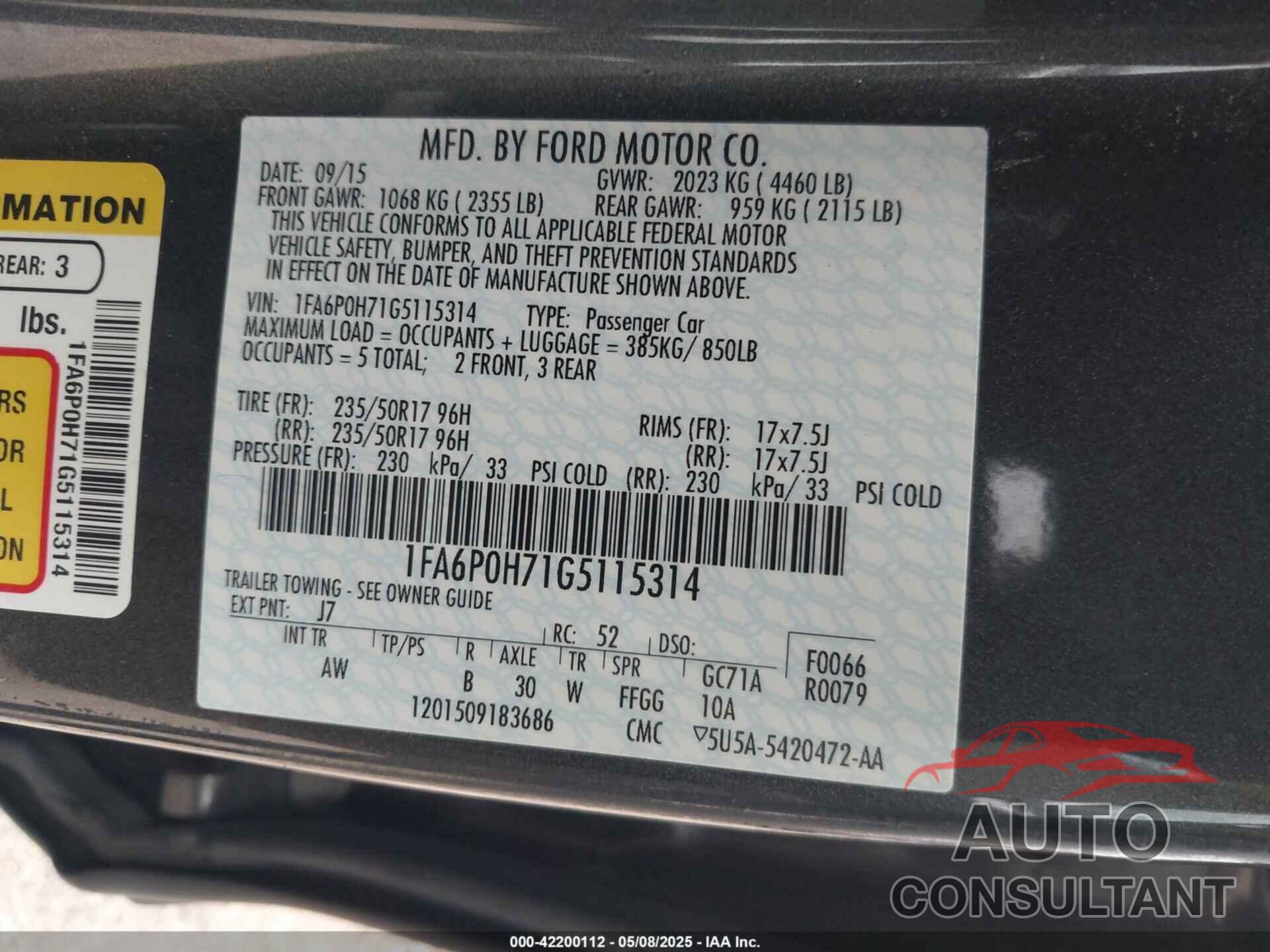 FORD FUSION 2016 - 1FA6P0H71G5115314