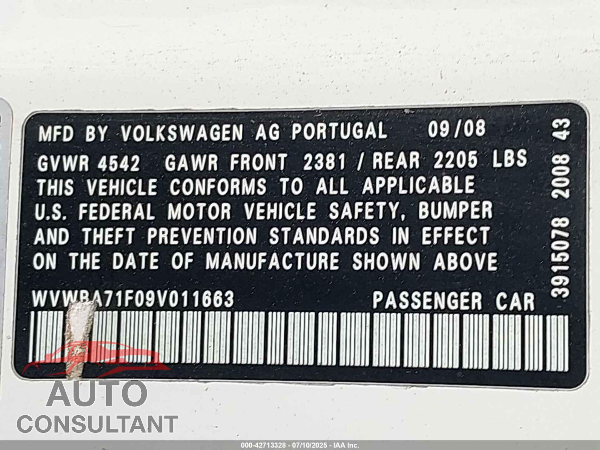 VOLKSWAGEN EOS 2009 - WVWBA71F09V011663