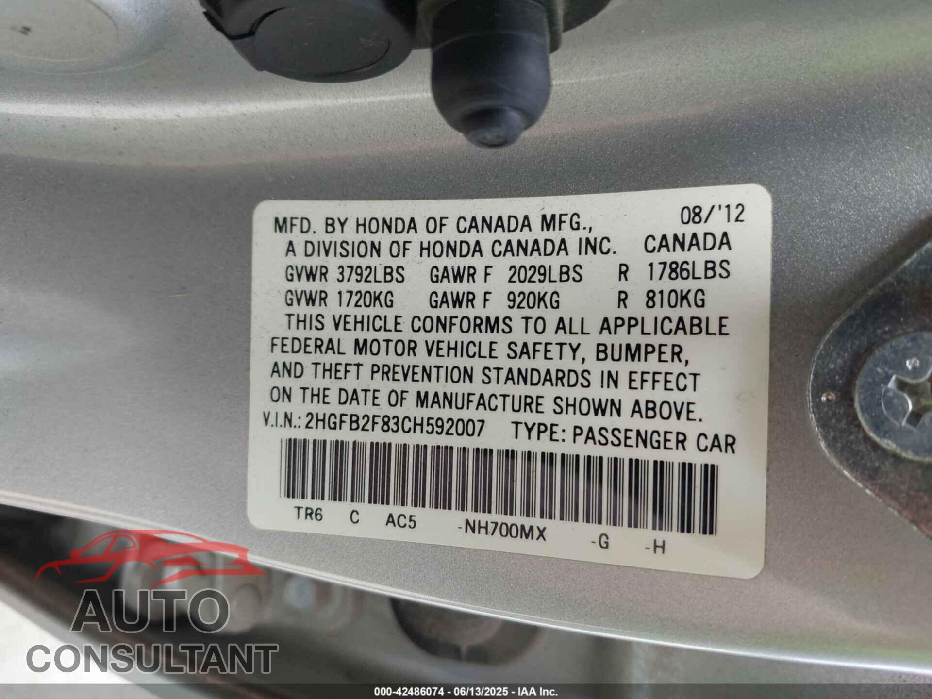 HONDA CIVIC 2012 - 2HGFB2F83CH592007