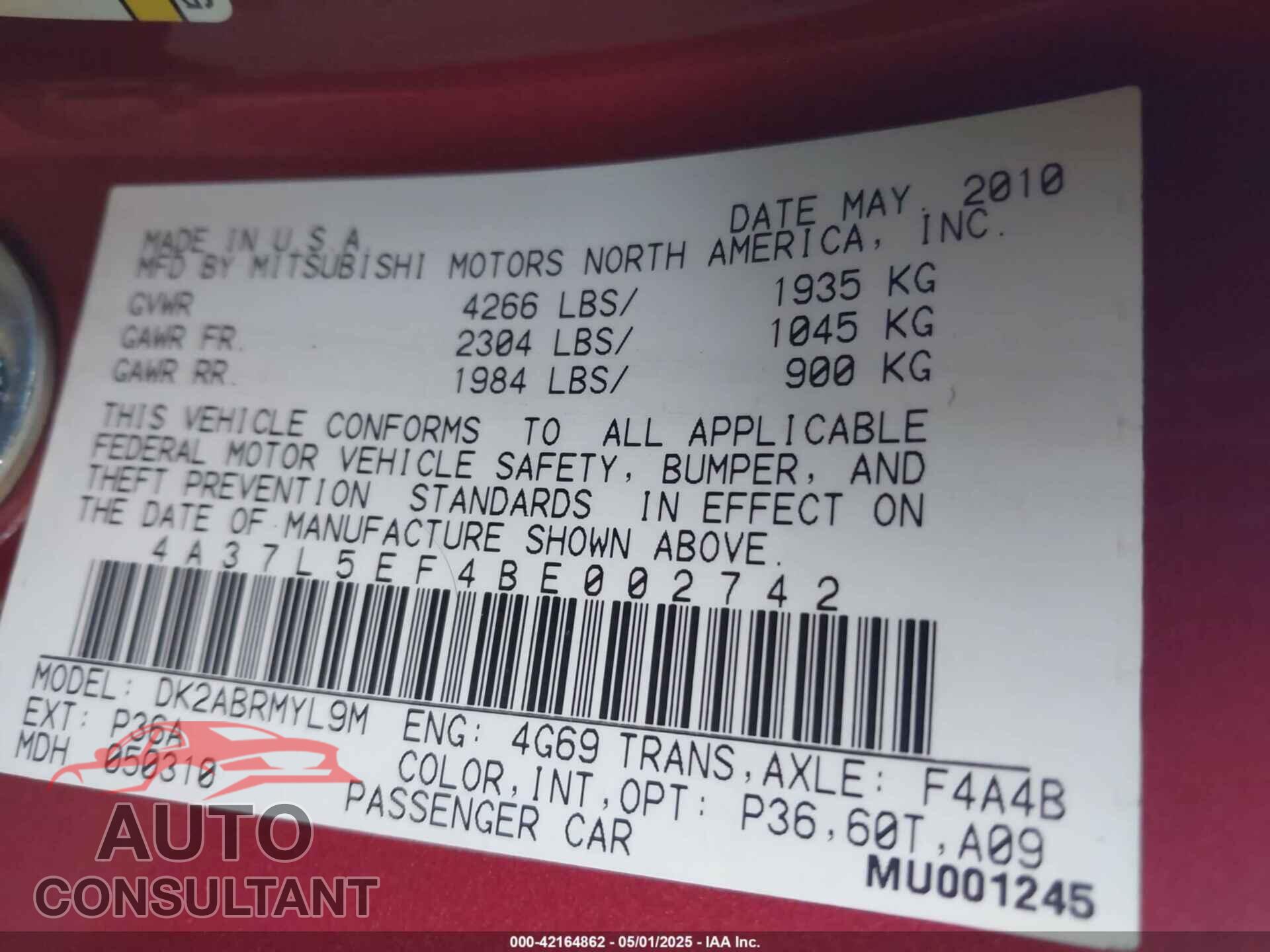 MITSUBISHI ECLIPSE SPYDER 2011 - 4A37L5EF4BE002742