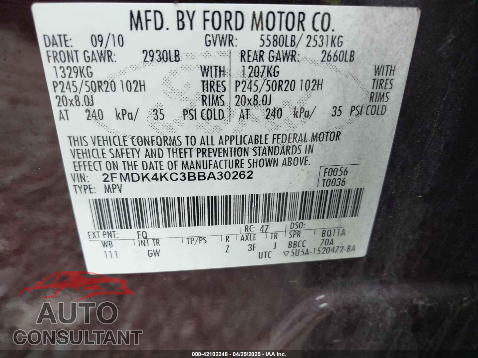 FORD EDGE 2011 - 2FMDK4KC3BBA30262