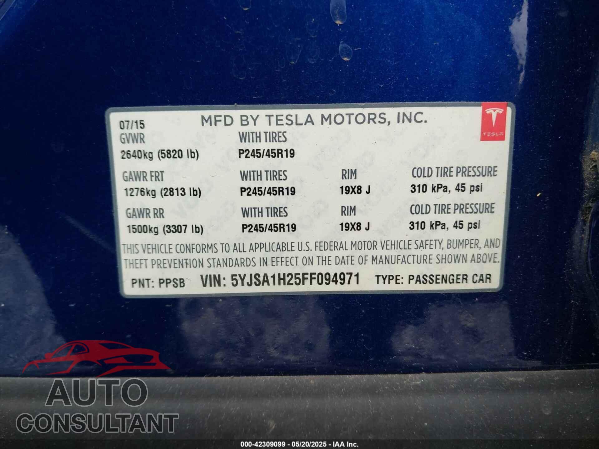 TESLA MODEL S 2015 - 5YJSA1H25FF094971