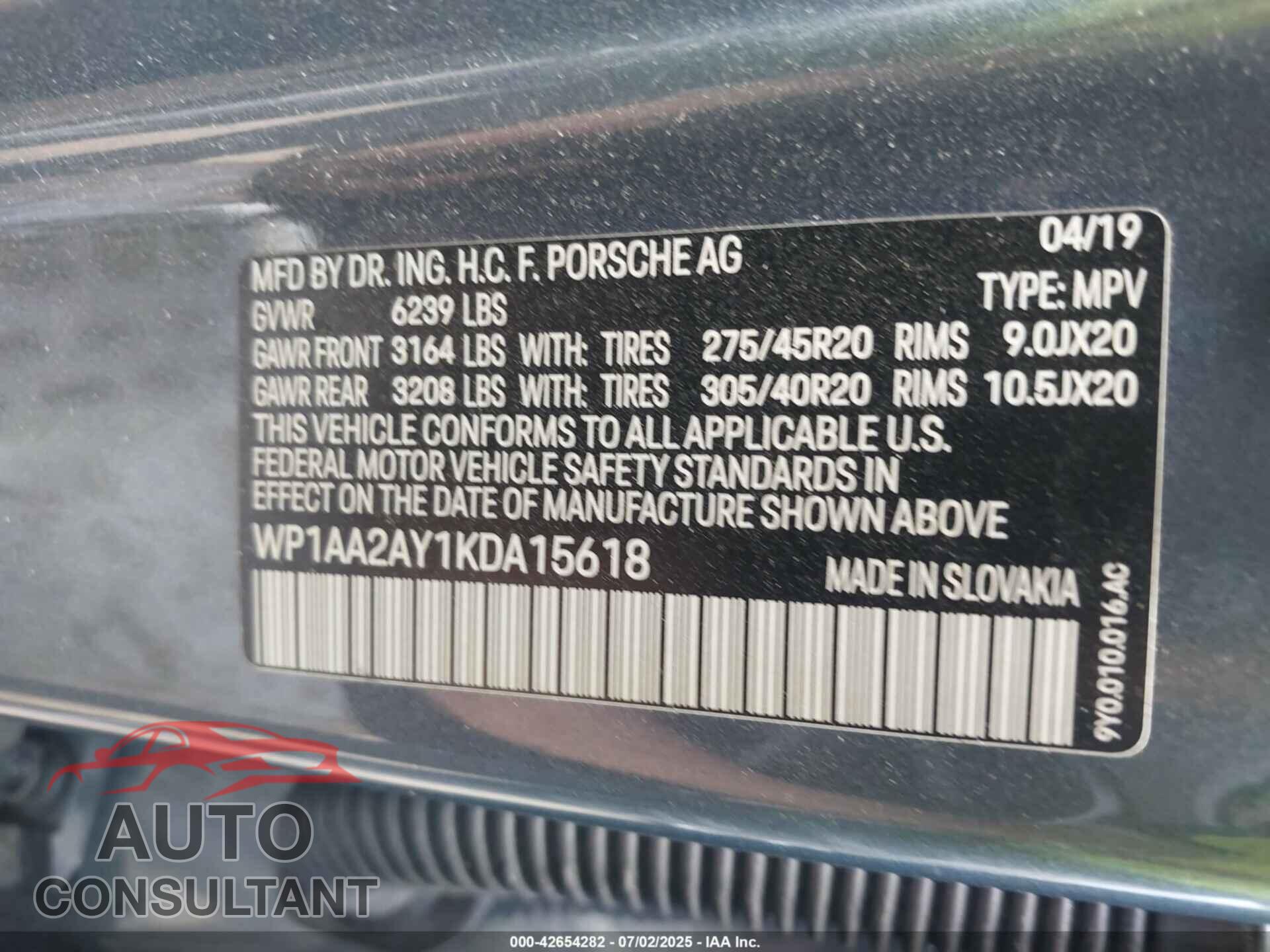 PORSCHE CAYENNE 2019 - WP1AA2AY1KDA15618