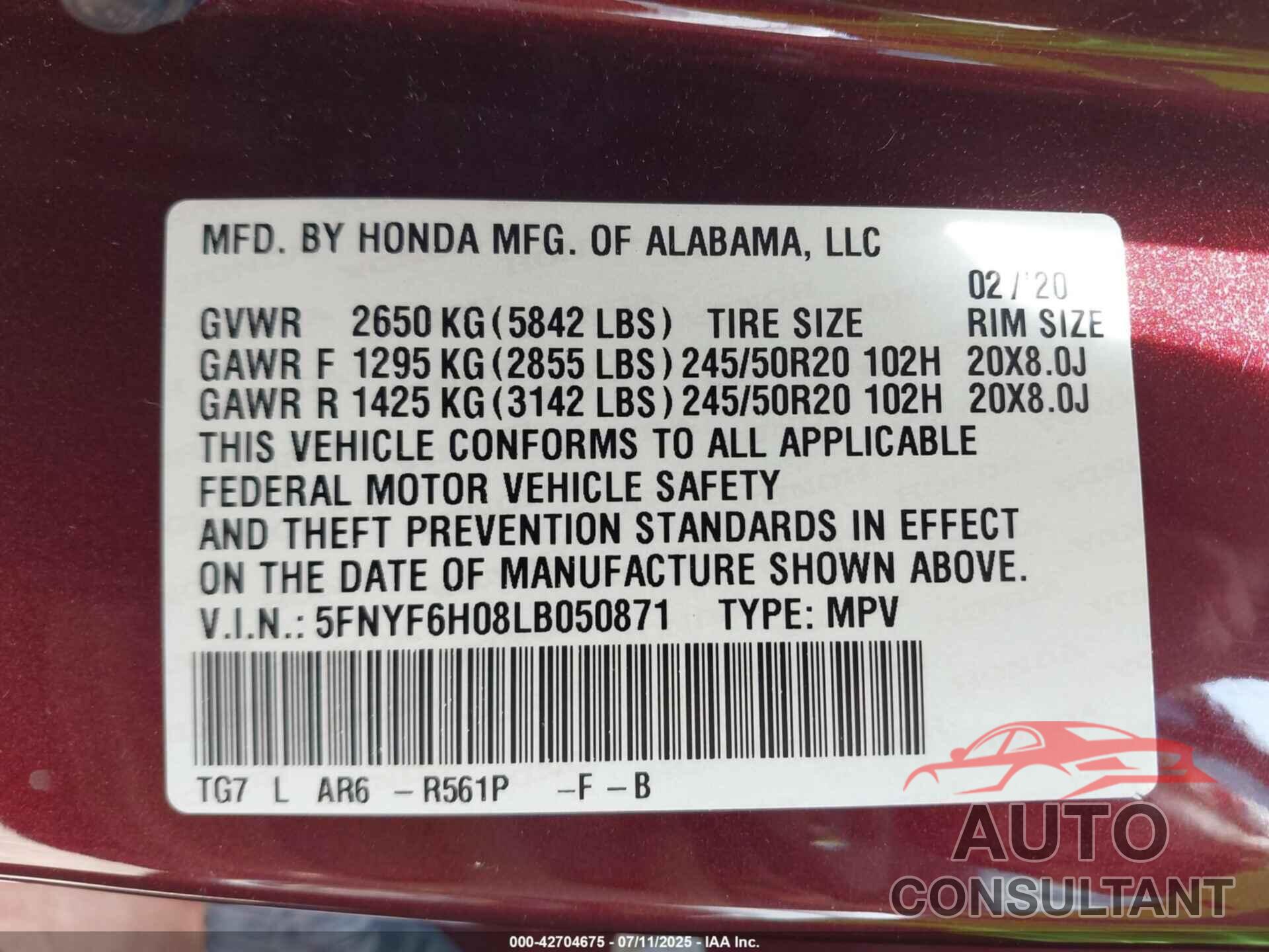 HONDA PILOT 2020 - 5FNYF6H08LB050871