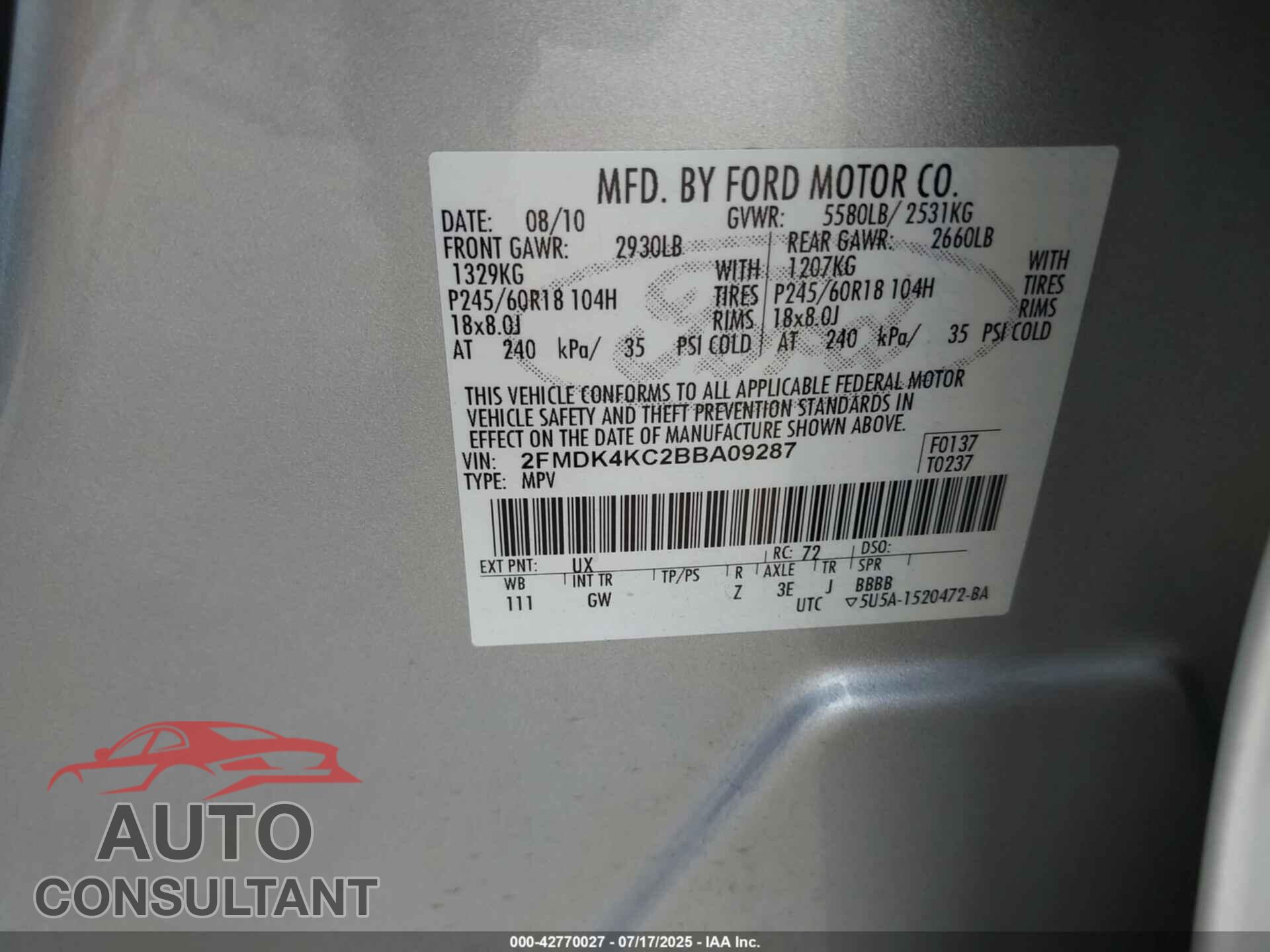 FORD EDGE 2011 - 2FMDK4KC2BBA09287