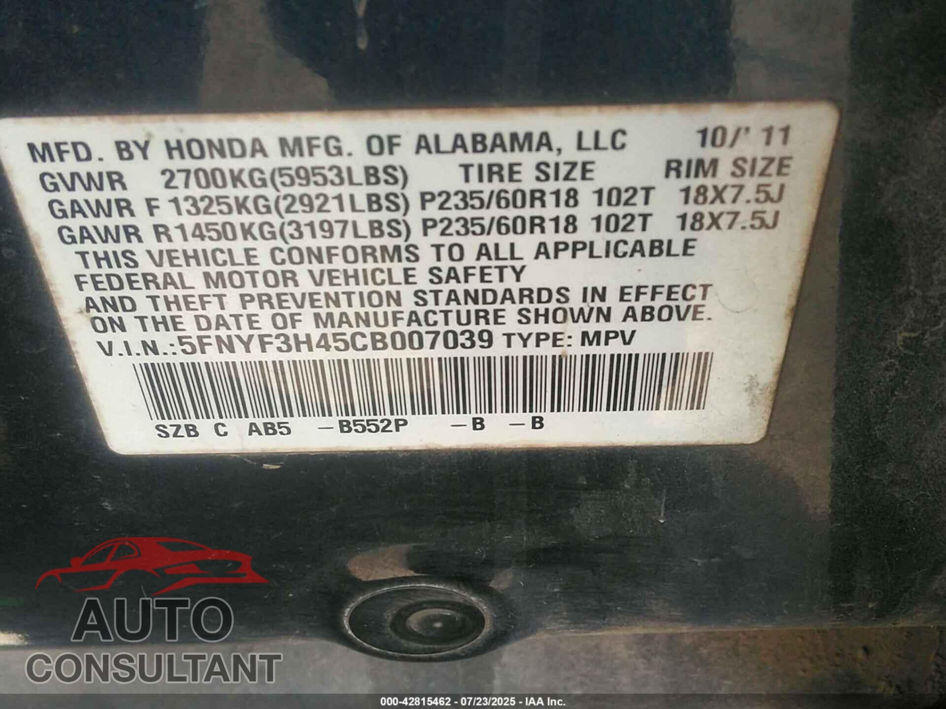 HONDA PILOT 2012 - 5FNYF3H45CB007039