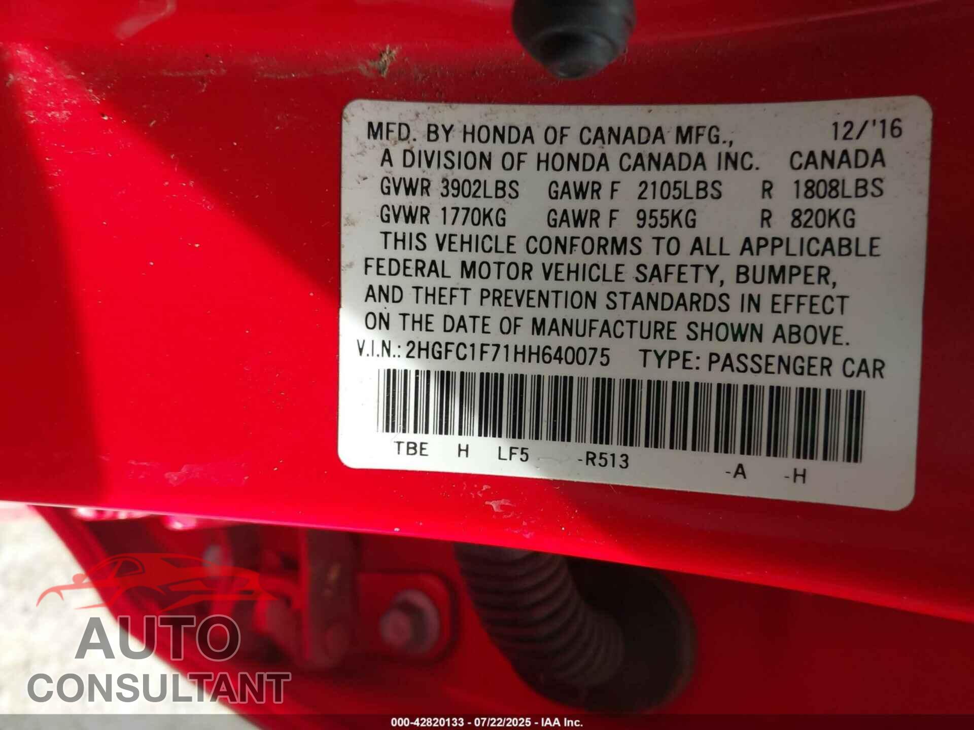 HONDA CIVIC 2017 - 2HGFC1F71HH640075