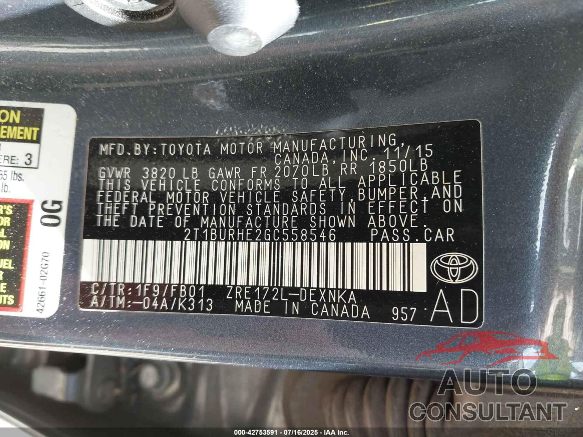 TOYOTA COROLLA 2016 - 2T1BURHE2GC558546
