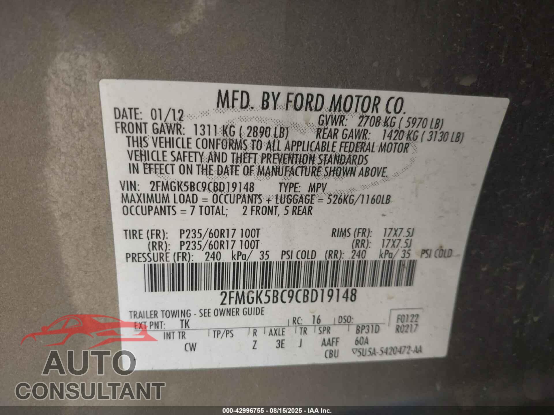 FORD FLEX 2012 - 2FMGK5BC9CBD19148