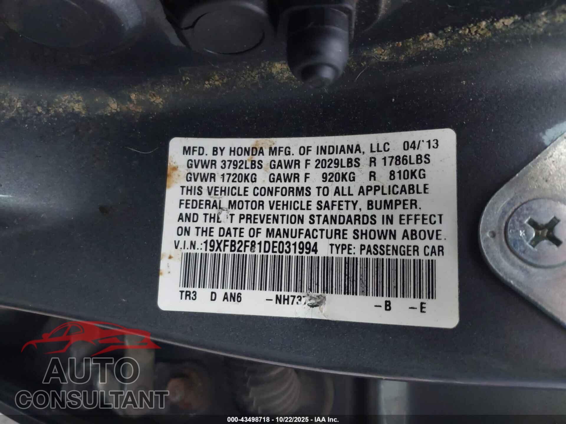 HONDA CIVIC 2013 - 19XFB2F81DE031994