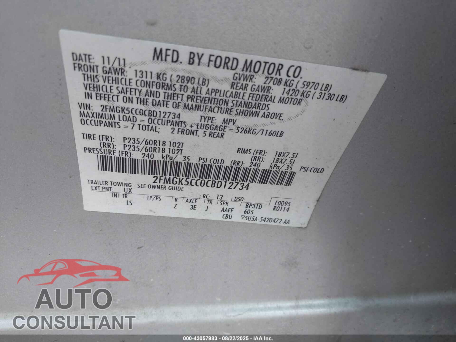 FORD FLEX 2012 - 2FMGK5CC0CBD12734