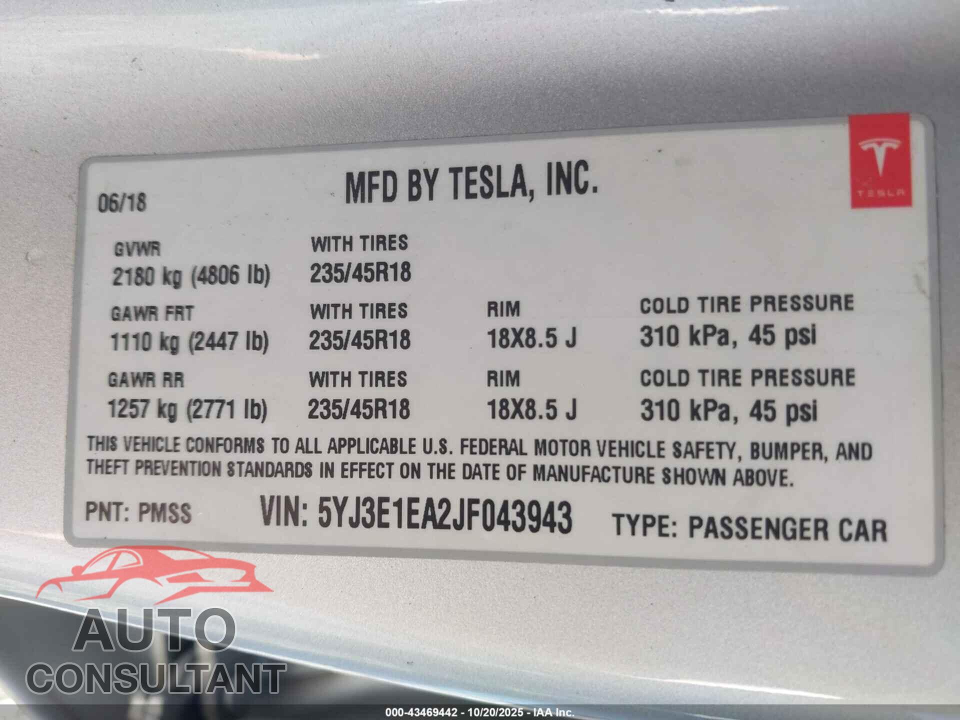 TESLA MODEL 3 2018 - 5YJ3E1EA2JF043943