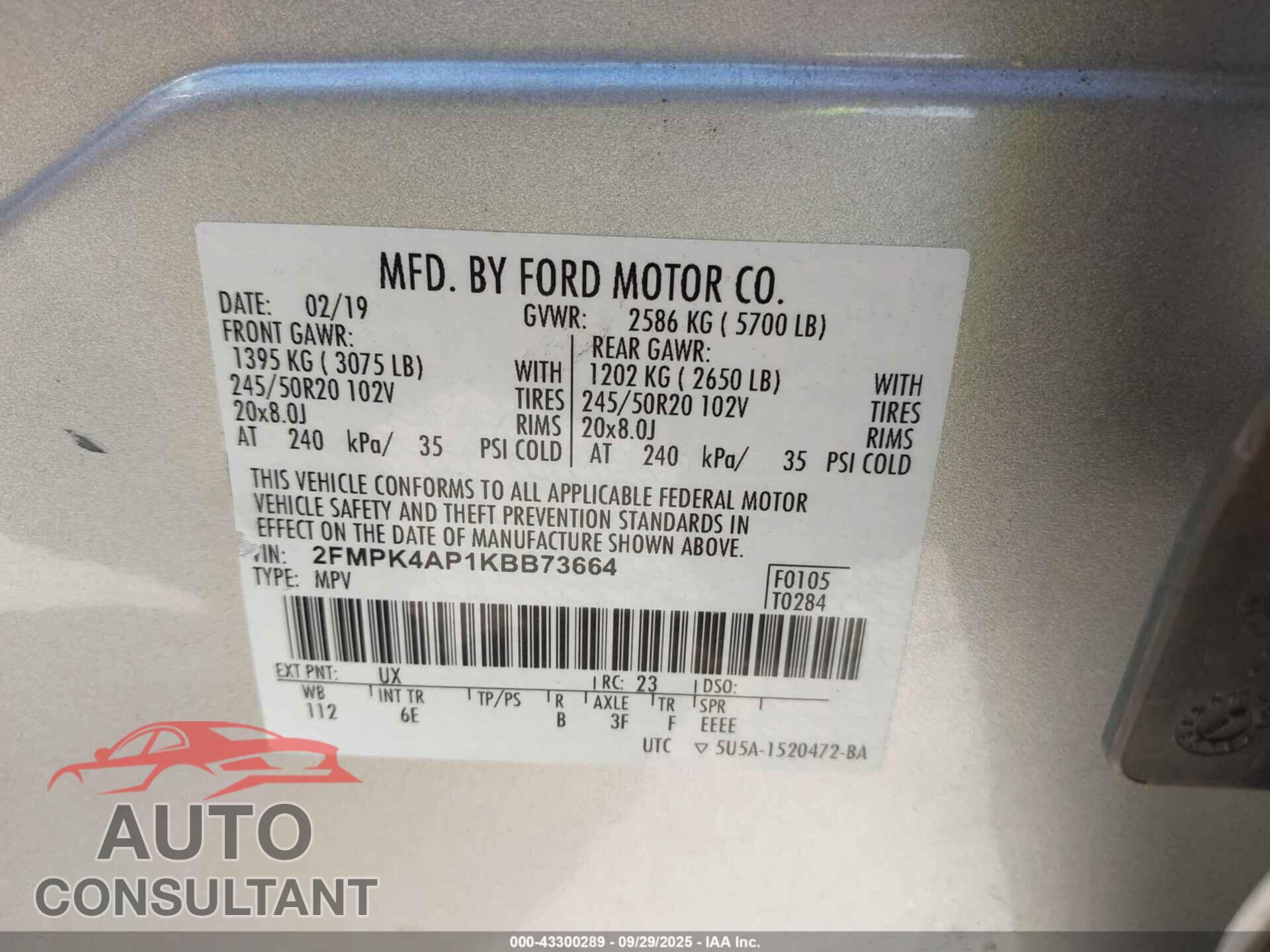 FORD EDGE 2019 - 2FMPK4AP1KBB73664