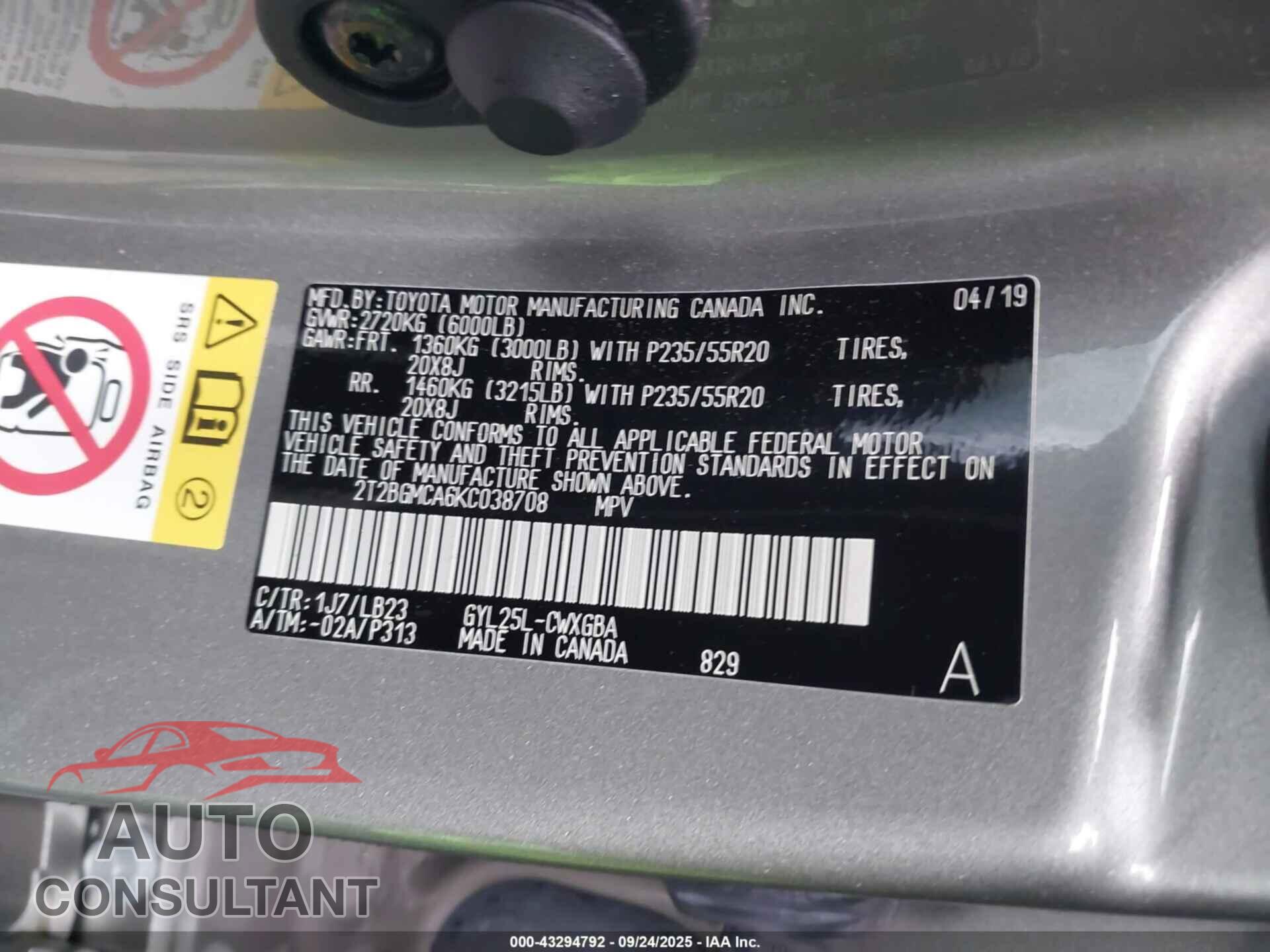 LEXUS RX 450H 2019 - 2T2BGMCA6KC038708