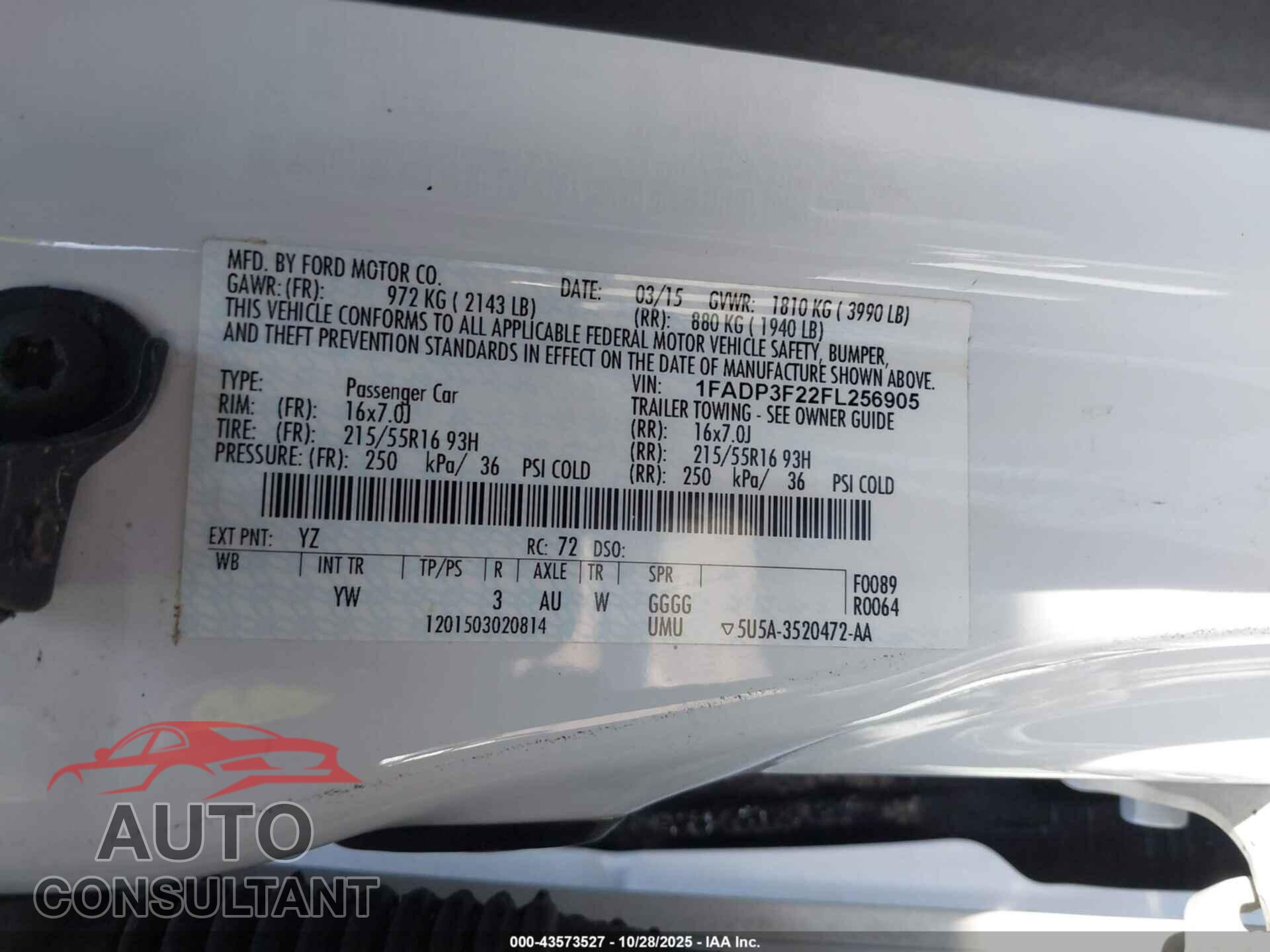 FORD FOCUS 2015 - 1FADP3F22FL256905
