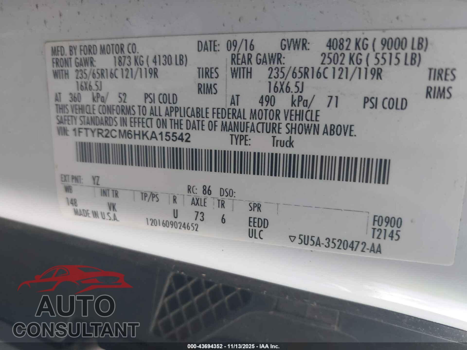 FORD TRANSIT-250 2017 - 1FTYR2CM6HKA15542