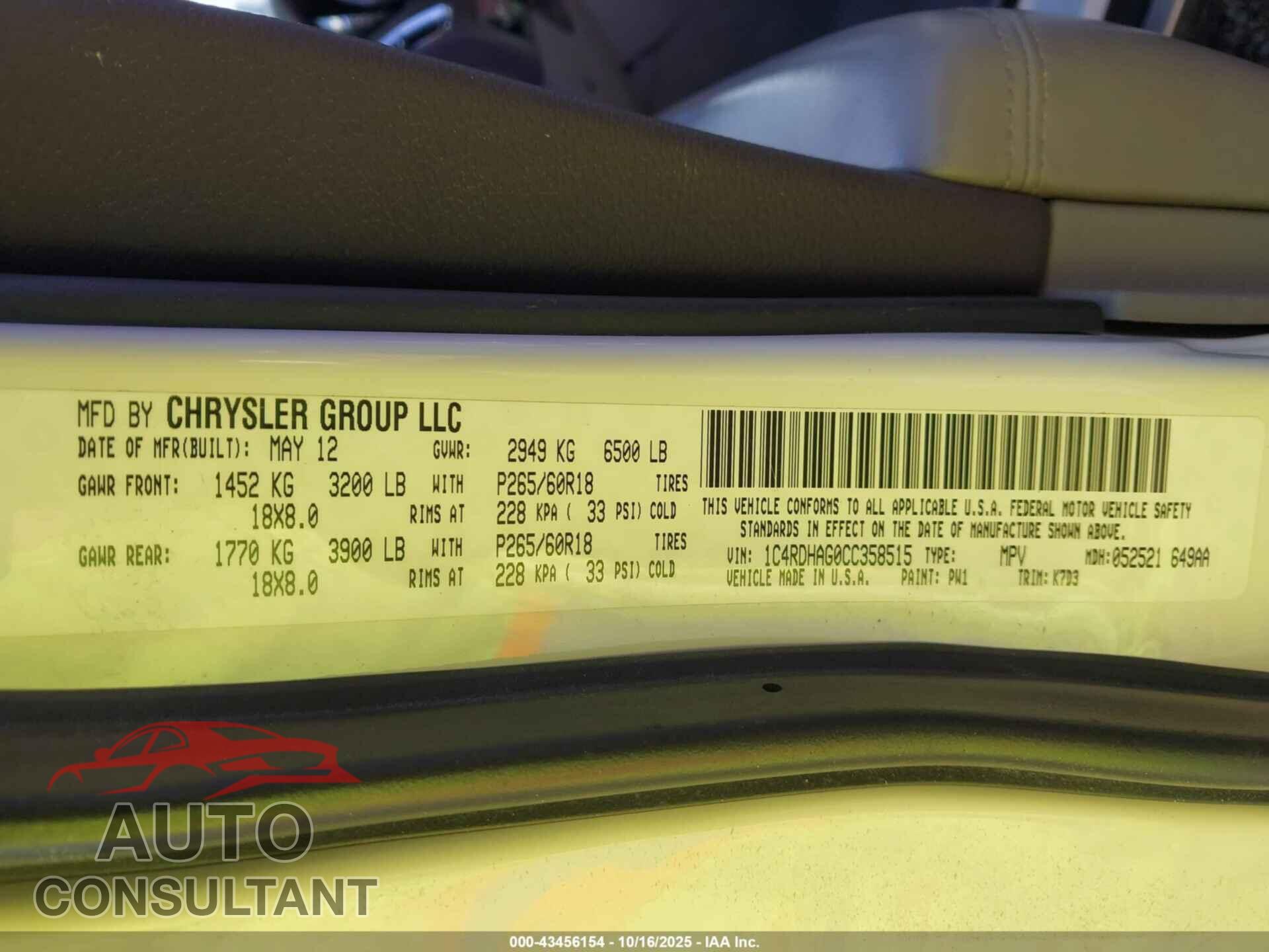 DODGE DURANGO 2012 - 1C4RDHAG0CC358515