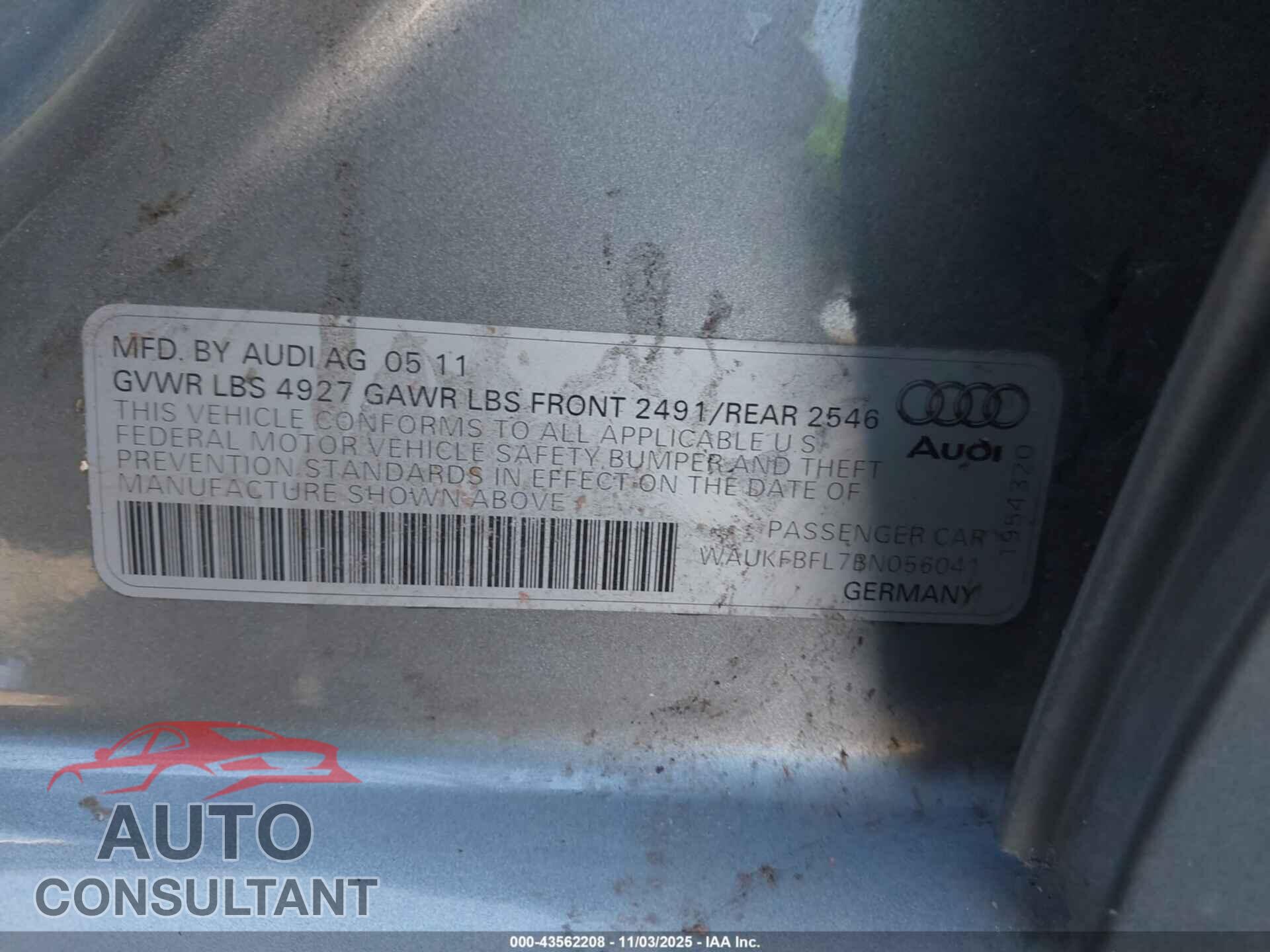 AUDI A4 2011 - WAUKFBFL7BN056041